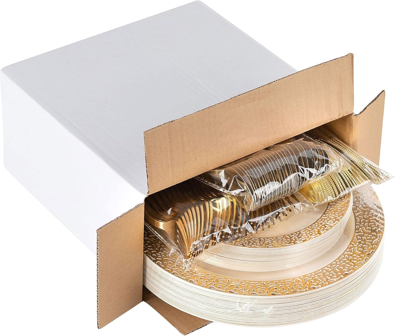 imagePARTY BARGAINS 125 Disposable Plastic Dinnerware Set for 25 Guest Gold Lace 25 Each 10 Dinner Plates 7 SaladDessert Plates Forks Knives Spoons for Weddings Bridal Showers Birthday