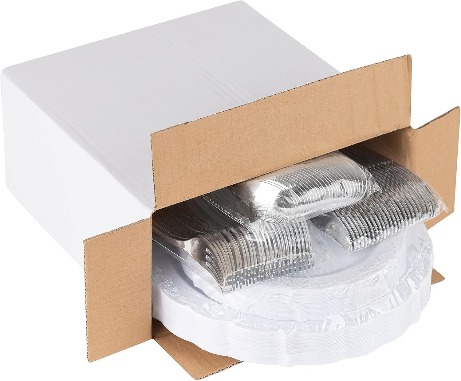imagePARTY BARGAINS 125 Disposable Plastic Dinnerware Set for 25 Guest Vintage White 25 Each 10 Dinner Plates 7 SaladDessert Plates Forks Knives Spoons for Weddings Bridal Showers Birthday
