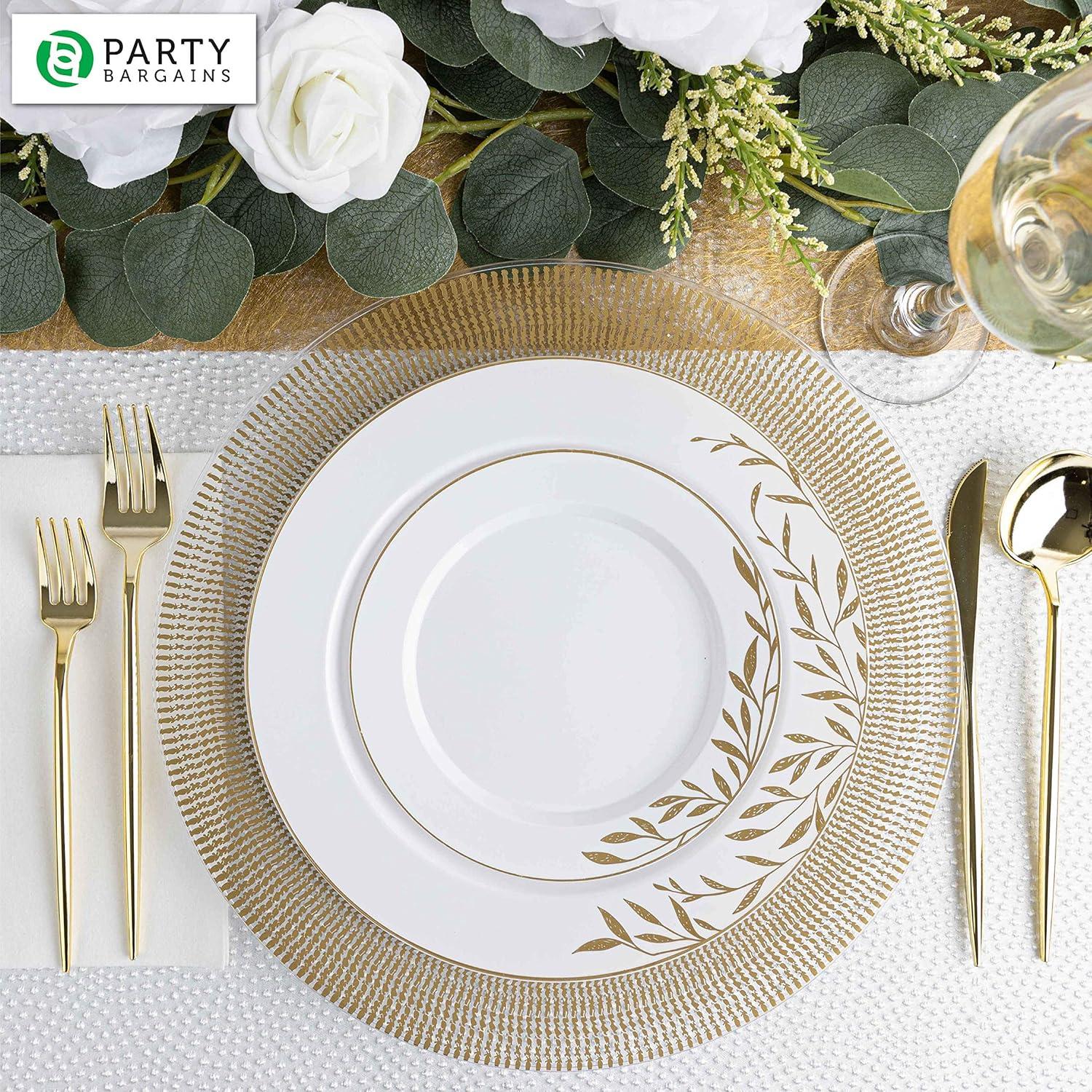 imagePARTY BARGAINS 13Inch Charger Plates 8 Pack Organic Collection Black Gold Rim HeavyDuty Disposable Chargers for Elegant Dining Ideal for Weddings and Formal EventsGold Textured