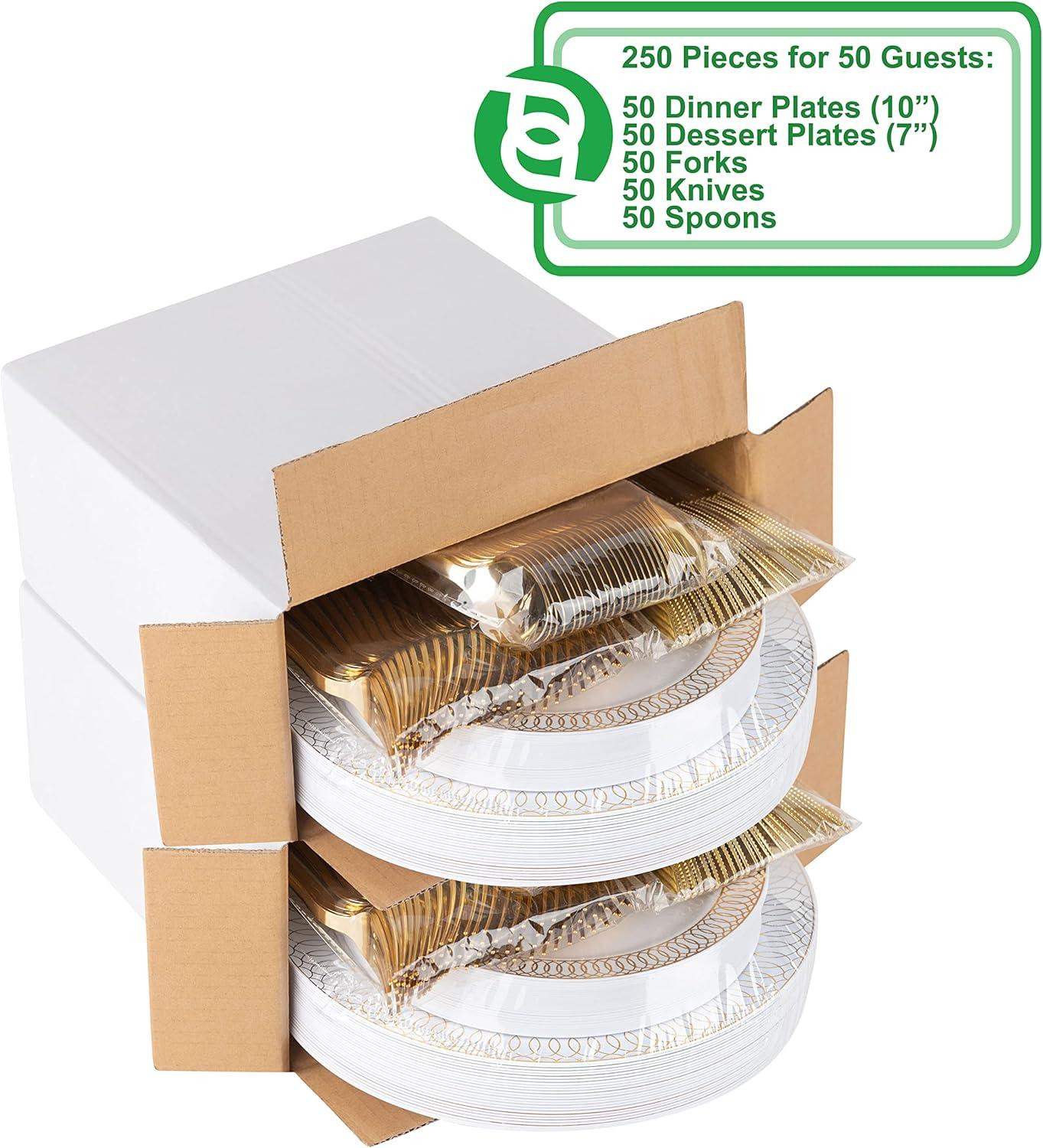 imagePARTY BARGAINS 250 Disposable Dinner Set for 50 Guest Gold Spiral 50 Each 10 Dinner Plates 7 SaladDessert Plates Forks Knives Spoons for Wedding Receptions Banquets Buffets