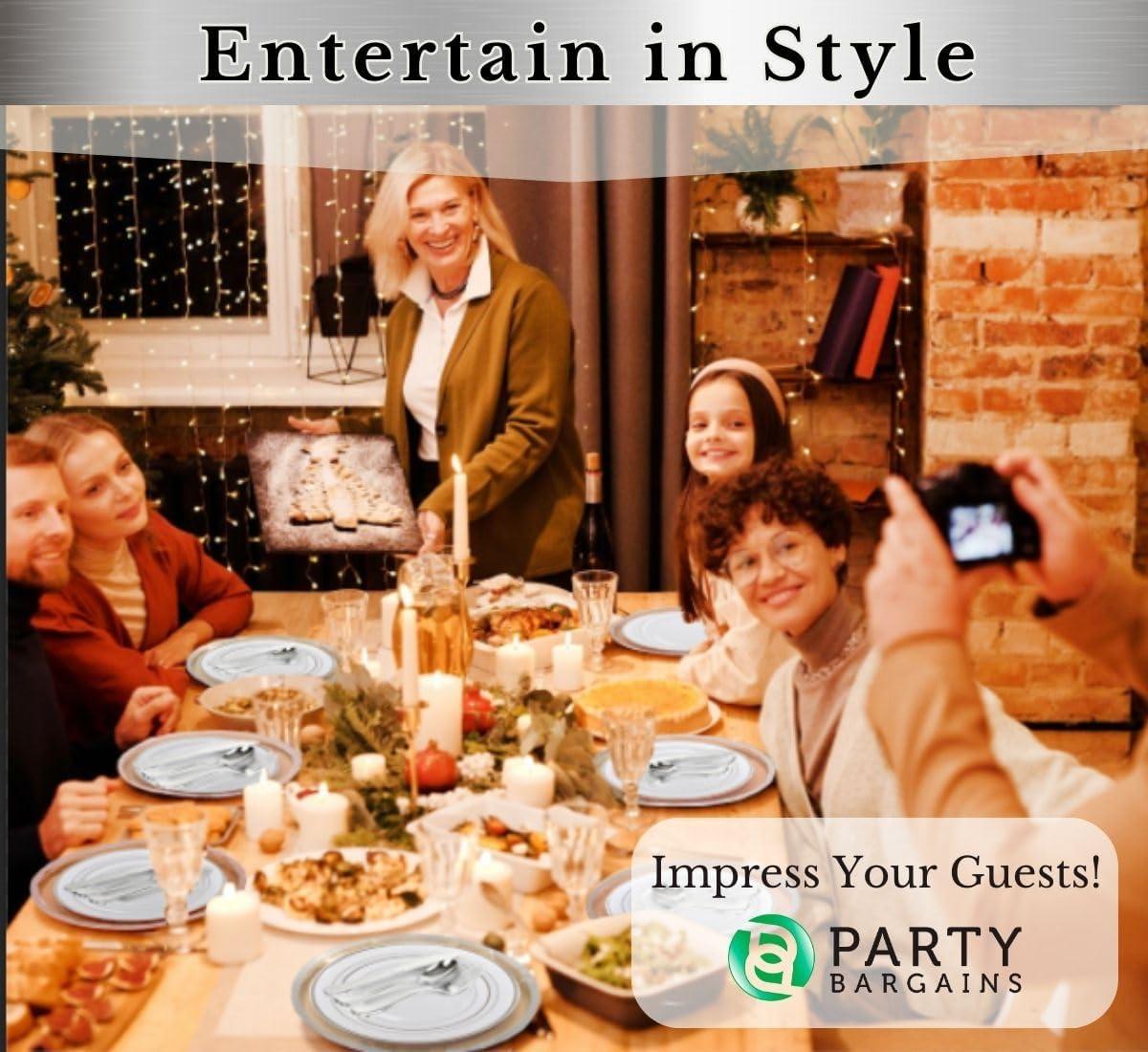 imagePARTY BARGAINS 250 Disposable Plastic Dinnerware Set for 50 Guest Silver 50 Each 10 Dinner Plates 7 SaladDessert Plates Forks Knives Spoons Weddings Bridal Showers Birthday