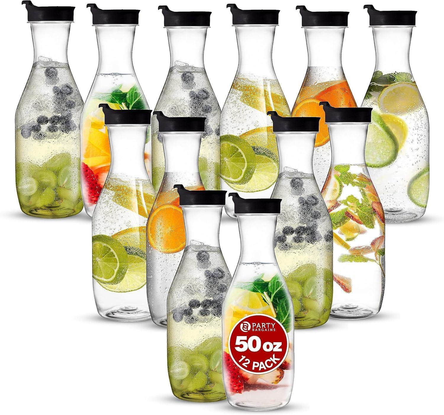 imagePARTY BARGAINS 50 oz Plastic Carafe with White FlipTab Lid Clear 12 Pack HeavyDuty SpillResistant Pitchers for Iced Tea Juice Cold Beverages Powdered Drinks MimosaBlack Cap