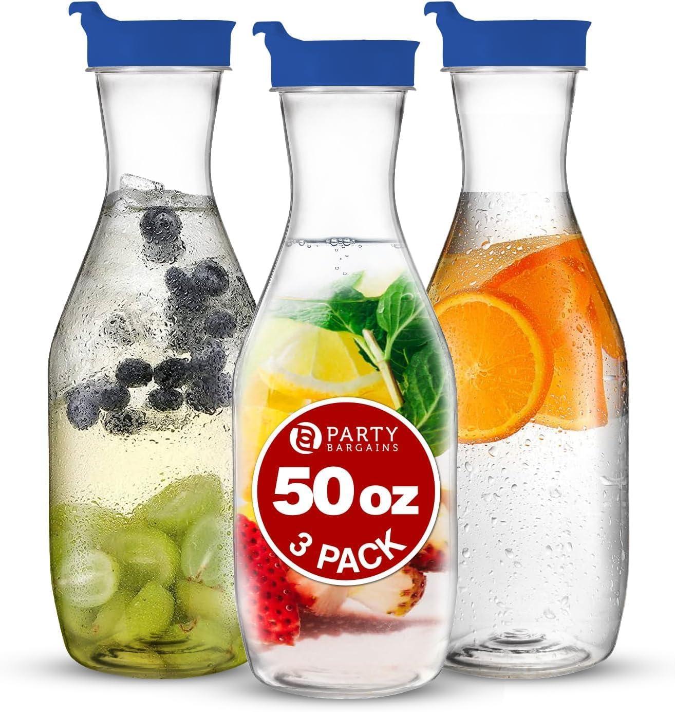 imagePARTY BARGAINS 50 oz Plastic Carafe with White FlipTab Lid Clear 12 Pack HeavyDuty SpillResistant Pitchers for Iced Tea Juice Cold Beverages Powdered Drinks MimosaBlue Cap