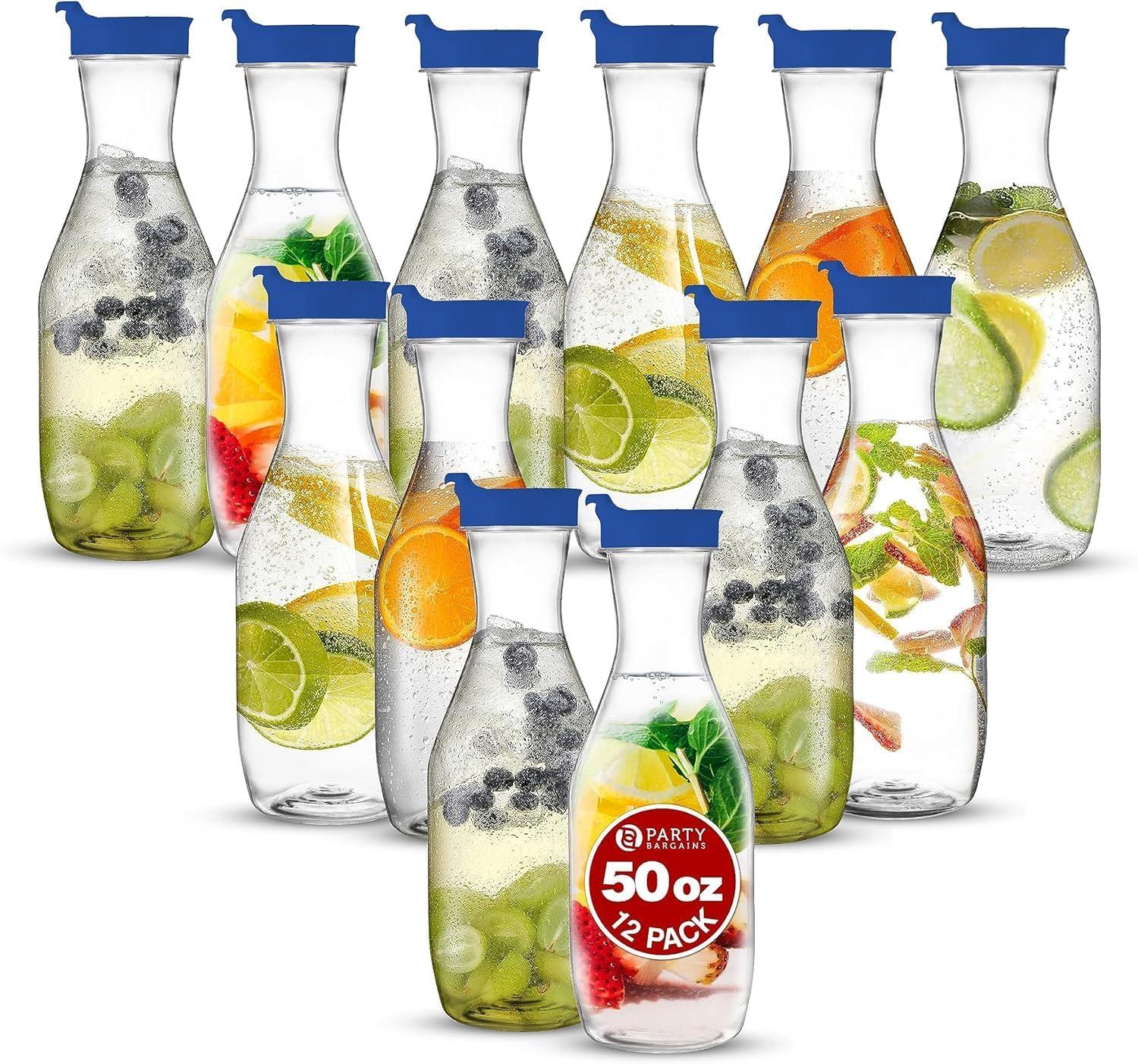 imagePARTY BARGAINS 50 oz Plastic Carafe with White FlipTab Lid Clear 12 Pack HeavyDuty SpillResistant Pitchers for Iced Tea Juice Cold Beverages Powdered Drinks MimosaBlue Cap
