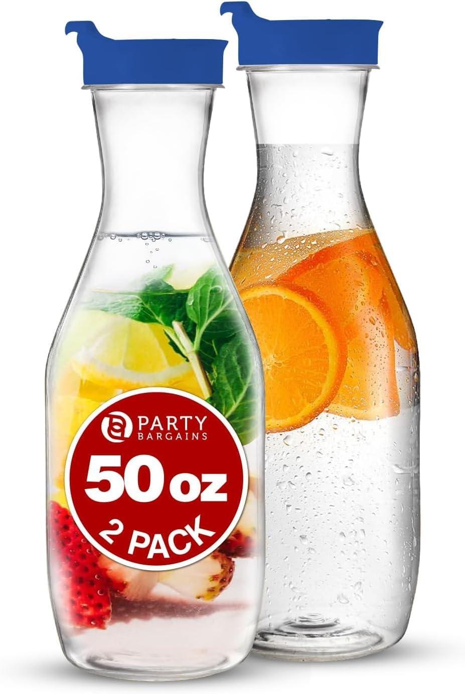 imagePARTY BARGAINS 50 oz Plastic Carafe with White FlipTab Lid Clear 12 Pack HeavyDuty SpillResistant Pitchers for Iced Tea Juice Cold Beverages Powdered Drinks MimosaBlue Cap