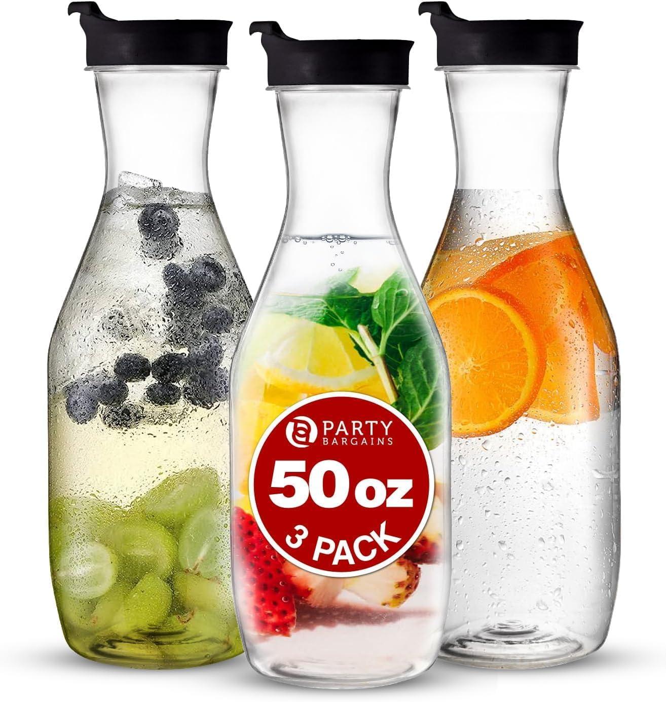imagePARTY BARGAINS 50 oz Plastic Carafe with White FlipTab Lid Clear 12 Pack HeavyDuty SpillResistant Pitchers for Iced Tea Juice Cold Beverages Powdered Drinks MimosaBlack Cap