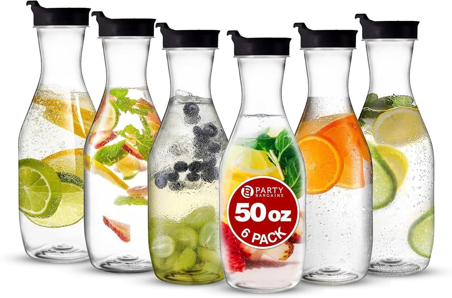 imagePARTY BARGAINS 50 oz Plastic Carafe with White FlipTab Lid Clear 12 Pack HeavyDuty SpillResistant Pitchers for Iced Tea Juice Cold Beverages Powdered Drinks MimosaBlack Cap