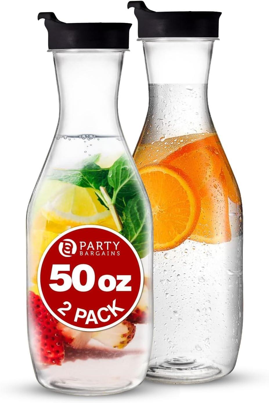 imagePARTY BARGAINS 50 oz Plastic Carafe with White FlipTab Lid Clear 12 Pack HeavyDuty SpillResistant Pitchers for Iced Tea Juice Cold Beverages Powdered Drinks MimosaBlack Cap