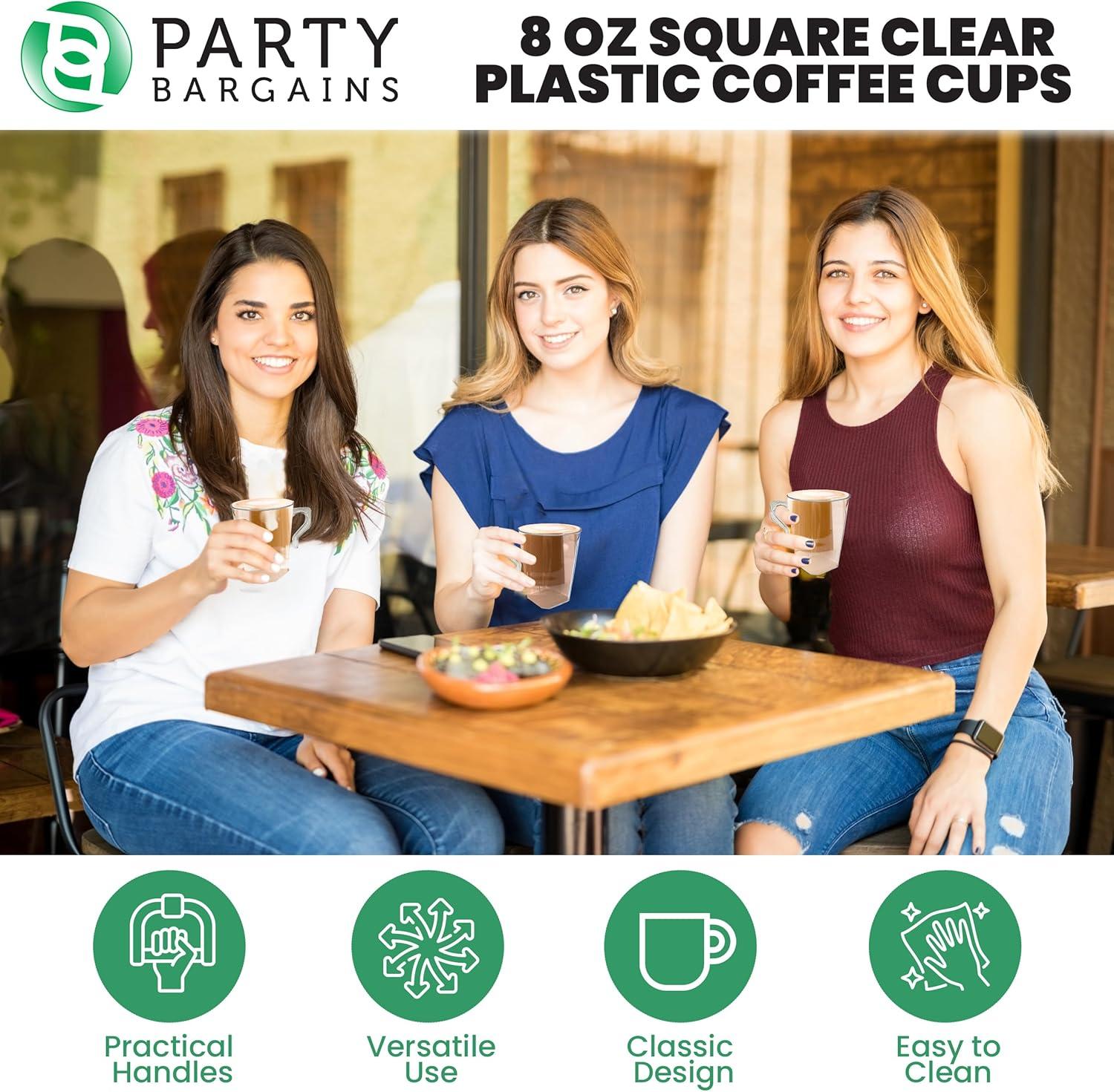 imagePARTY BARGAINS 8 oz Square Clear Plastic Coffee Cups with Handles 8 Pack Disposable Plastic Tea Cups Excellent for Weddings Bridal Showers Engagement Parties CampingSquare Clear