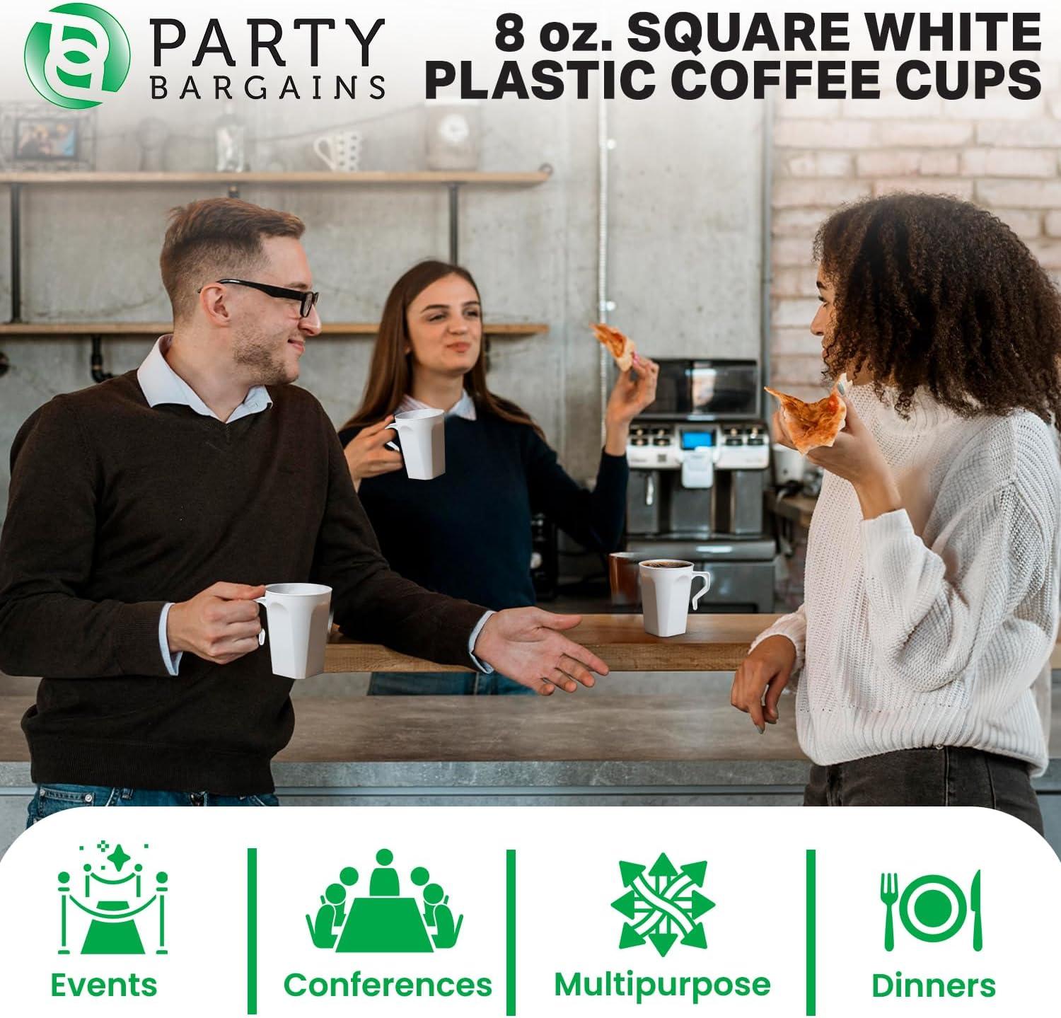 imagePARTY BARGAINS 8 oz Square Clear Plastic Coffee Cups with Handles 8 Pack Disposable Plastic Tea Cups Excellent for Weddings Bridal Showers Engagement Parties CampingSquare White