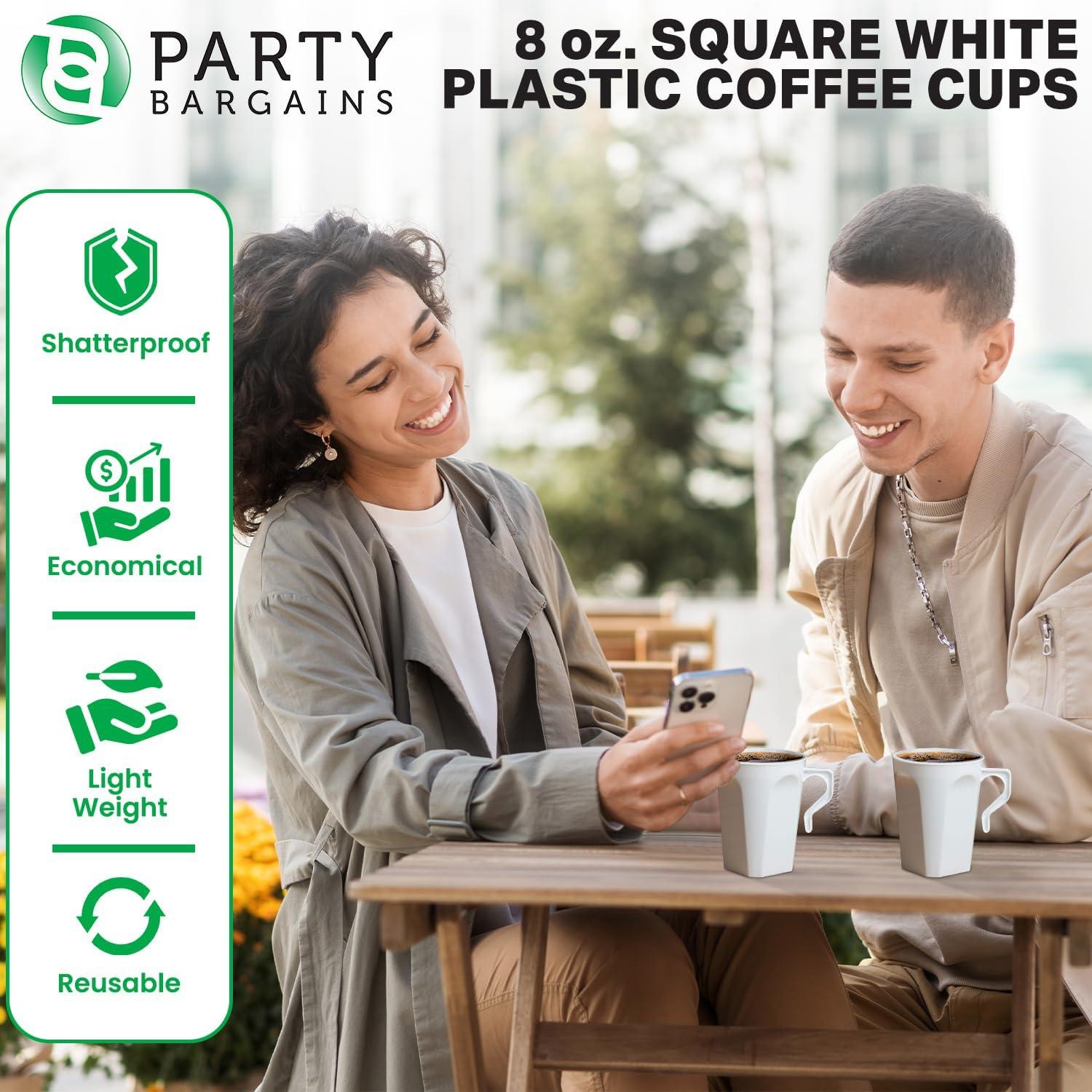 imagePARTY BARGAINS 8 oz Square Clear Plastic Coffee Cups with Handles 8 Pack Disposable Plastic Tea Cups Excellent for Weddings Bridal Showers Engagement Parties CampingSquare White