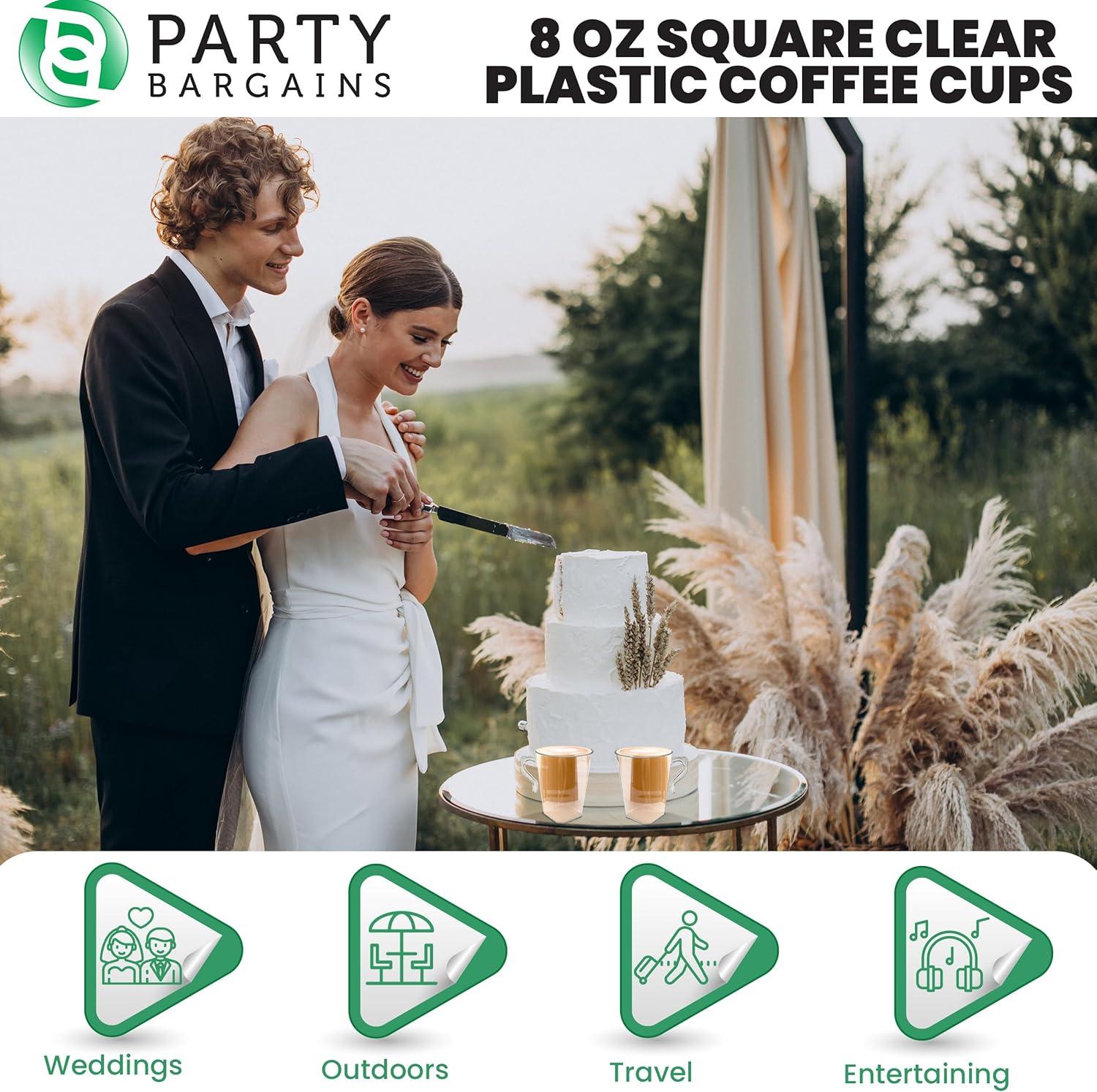 imagePARTY BARGAINS 8 oz Square Clear Plastic Coffee Cups with Handles 8 Pack Disposable Plastic Tea Cups Excellent for Weddings Bridal Showers Engagement Parties CampingSquare Clear