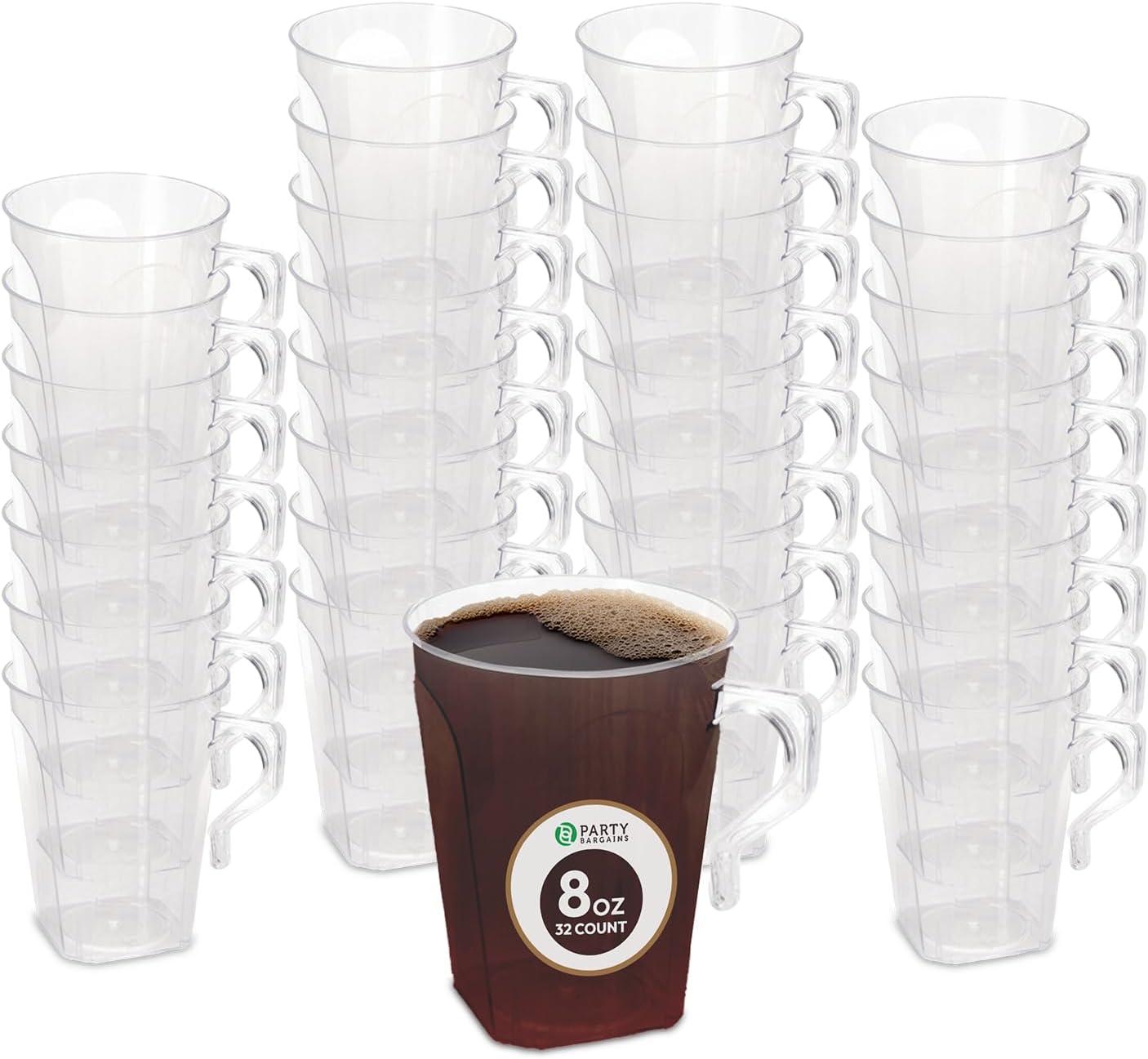 imagePARTY BARGAINS 8 oz Square Clear Plastic Coffee Cups with Handles 8 Pack Disposable Plastic Tea Cups Excellent for Weddings Bridal Showers Engagement Parties CampingSquare Clear