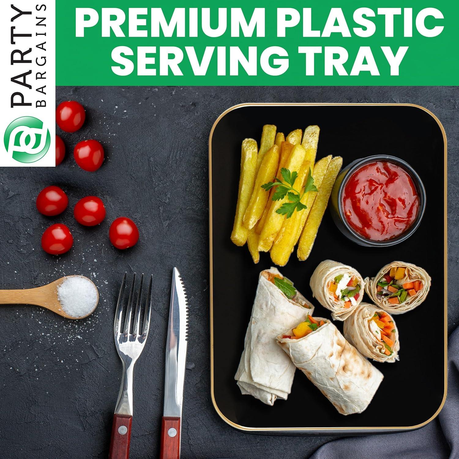imagePARTY BARGAINS 8 x 11 Disposable Plastic Serving Tray 4Pack Black with Gold Rim Rectangular Party Platters for Snacks Appetizers Charcuterie Weddings amp Catering
