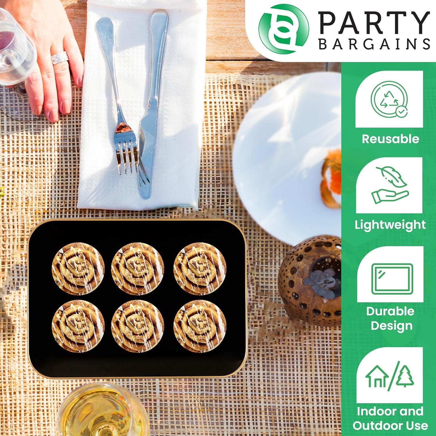 imagePARTY BARGAINS 8 x 11 Disposable Plastic Serving Tray 4Pack Black with Gold Rim Rectangular Party Platters for Snacks Appetizers Charcuterie Weddings amp Catering