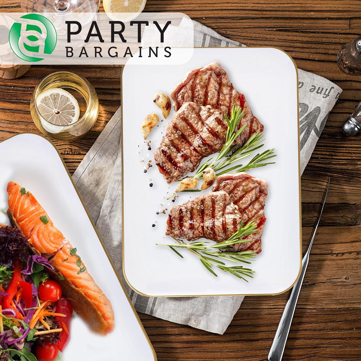 imagePARTY BARGAINS 8 x 11 Disposable Plastic Serving Tray 4Pack White with Gold Rim Rectangular Party Platters for Snacks Appetizers Charcuterie Weddings amp Catering