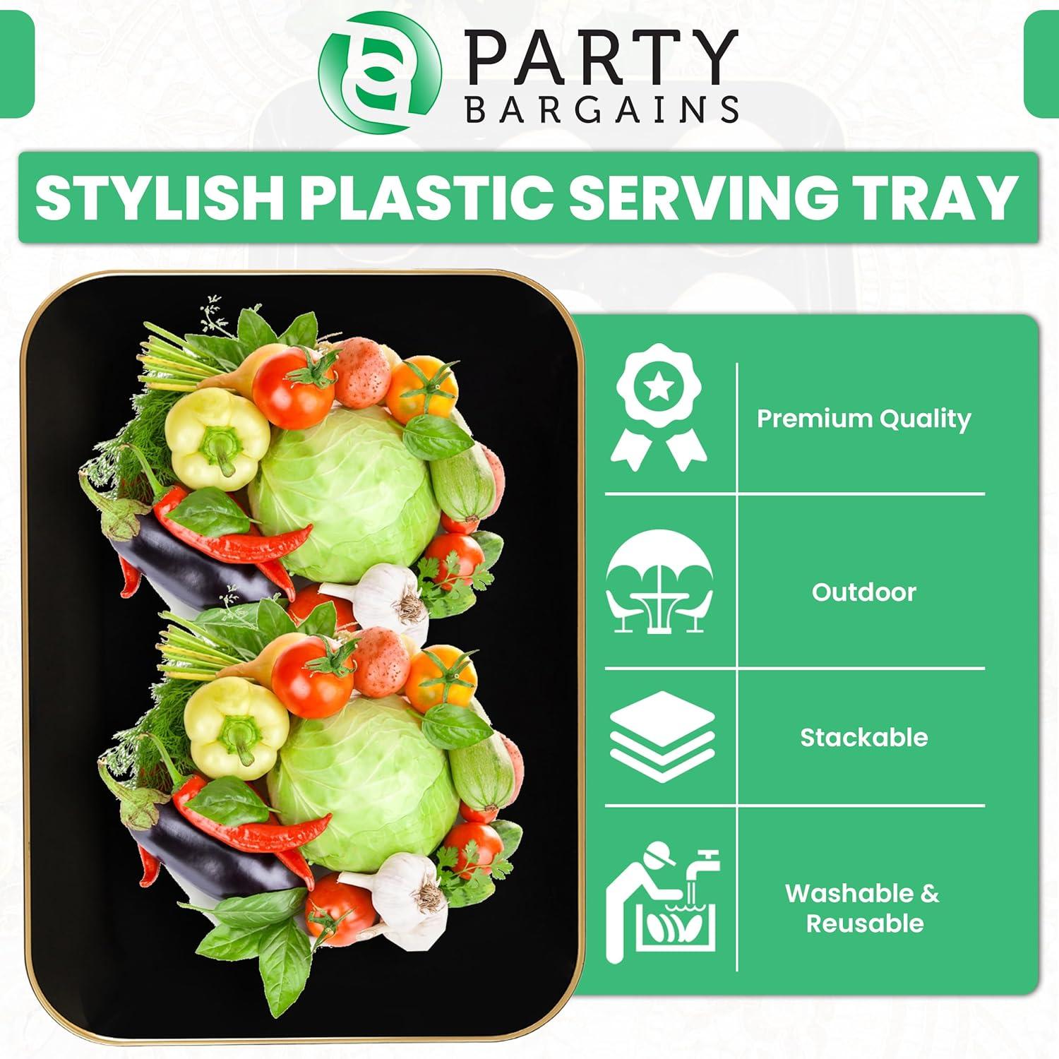 imagePARTY BARGAINS 8 x 11 Disposable Plastic Serving Tray 8Pack Black with Gold Rim Rectangular Party Platters for Snacks Appetizers Charcuterie Weddings amp Catering