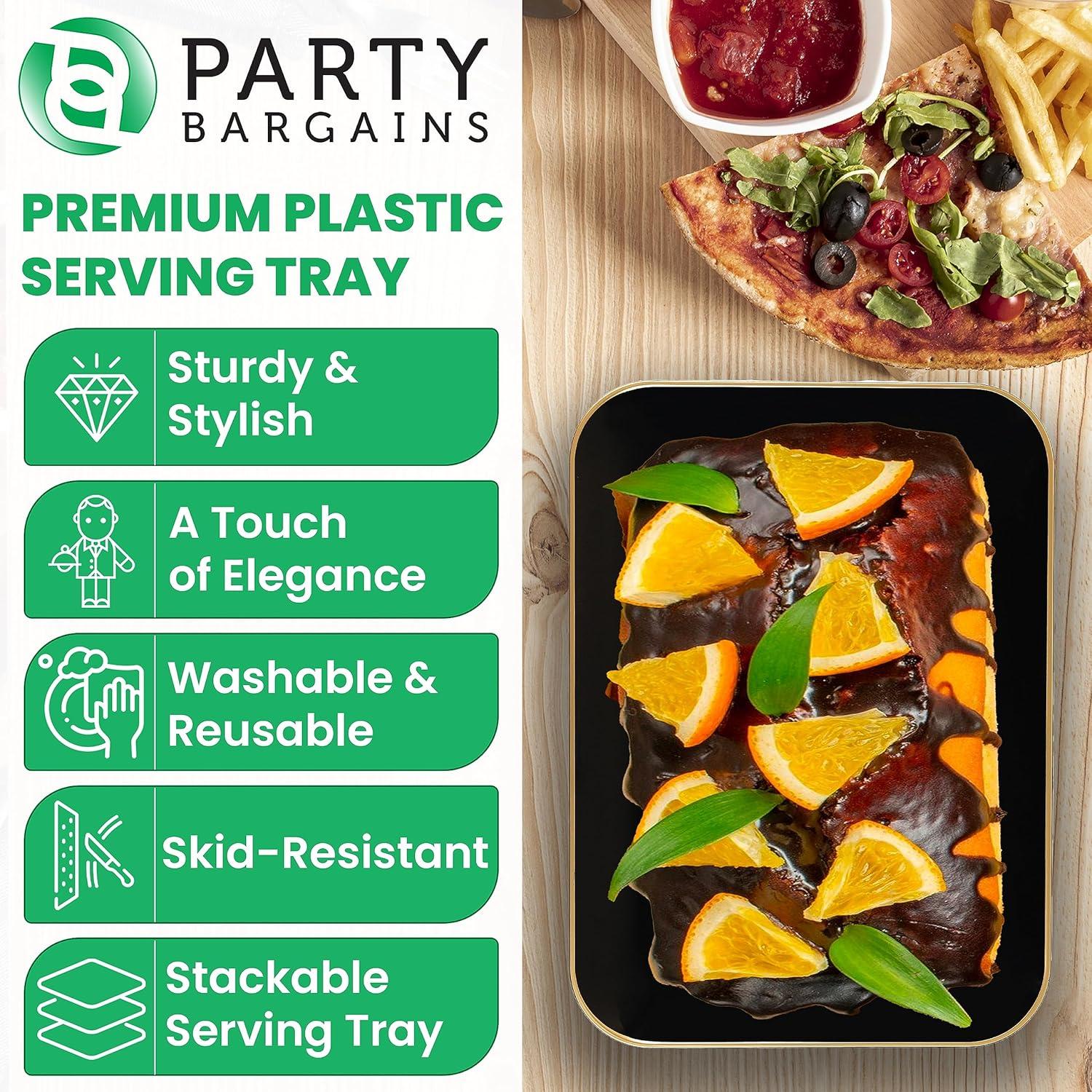 imagePARTY BARGAINS 8 x 11 Disposable Plastic Serving Tray 8Pack Black with Gold Rim Rectangular Party Platters for Snacks Appetizers Charcuterie Weddings amp Catering
