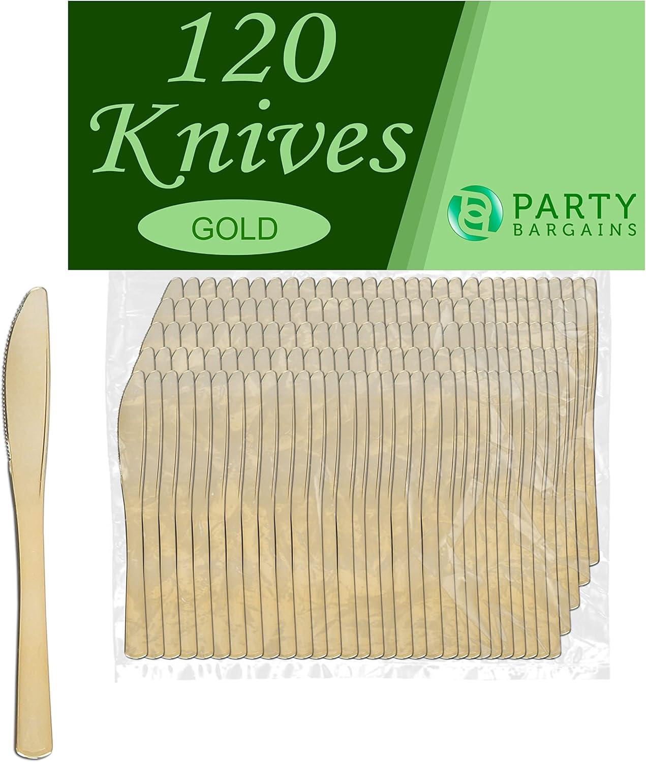 imagePARTY BARGAINS Disposable Plastic Silverware Flatwares Knives Durable amp Elegant Stylish Polished Gold Cutlery Pack of 120