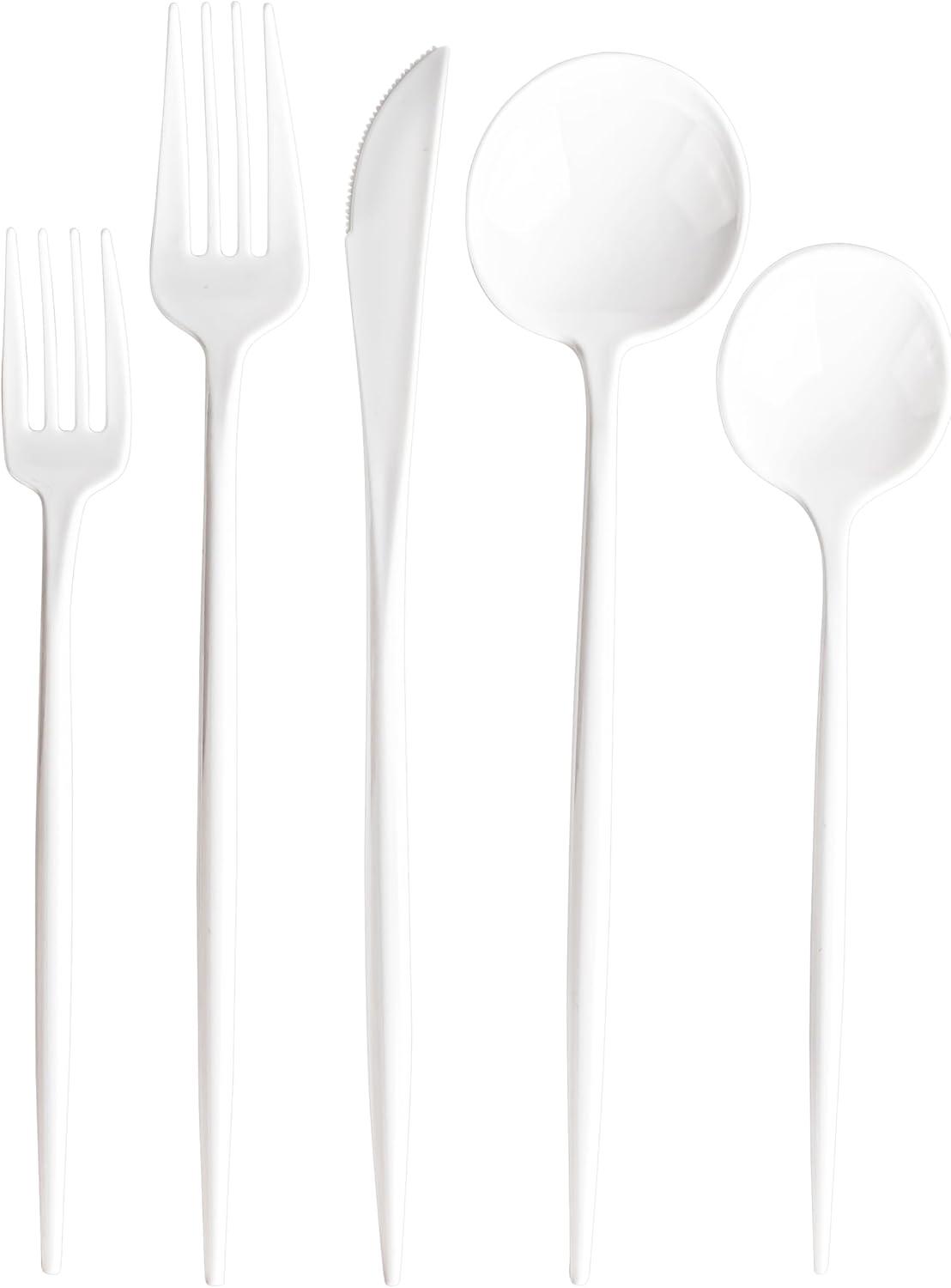 imagePARTY BARGAINS Plastic Cutlery Set 40 Pc Black Disposable HeavyDuty Flatware Includes 16 Forks 8 Knives amp 16 Spoons for Parties Weddings BBQs Events Elegant amp Durable Plastic UtensilsWhite