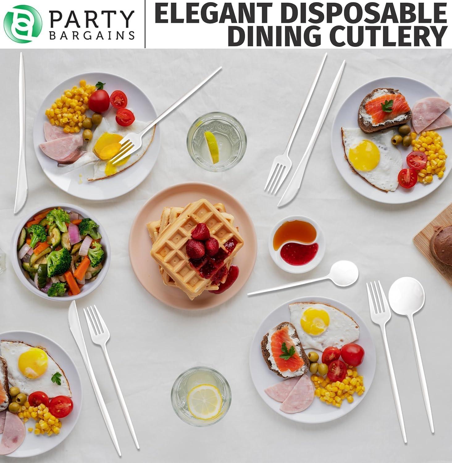 imagePARTY BARGAINS Plastic Cutlery Set 40 Pc Black Disposable HeavyDuty Flatware Includes 16 Forks 8 Knives amp 16 Spoons for Parties Weddings BBQs Events Elegant amp Durable Plastic UtensilsWhite