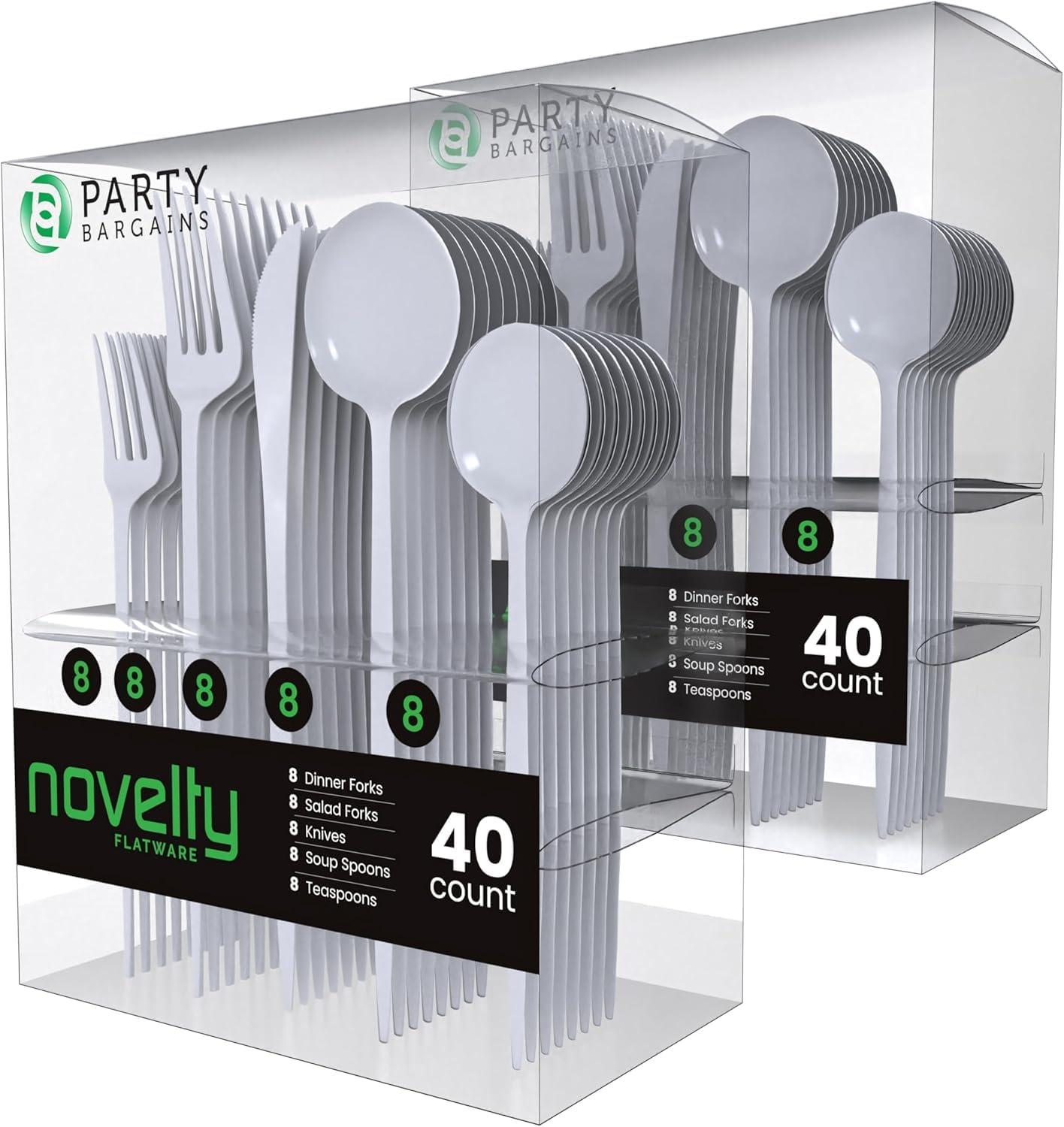 imagePARTY BARGAINS Plastic Cutlery Set 40 Pc Black Disposable HeavyDuty Flatware Includes 16 Forks 8 Knives amp 16 Spoons for Parties Weddings BBQs Events Elegant amp Durable Plastic UtensilsWhite