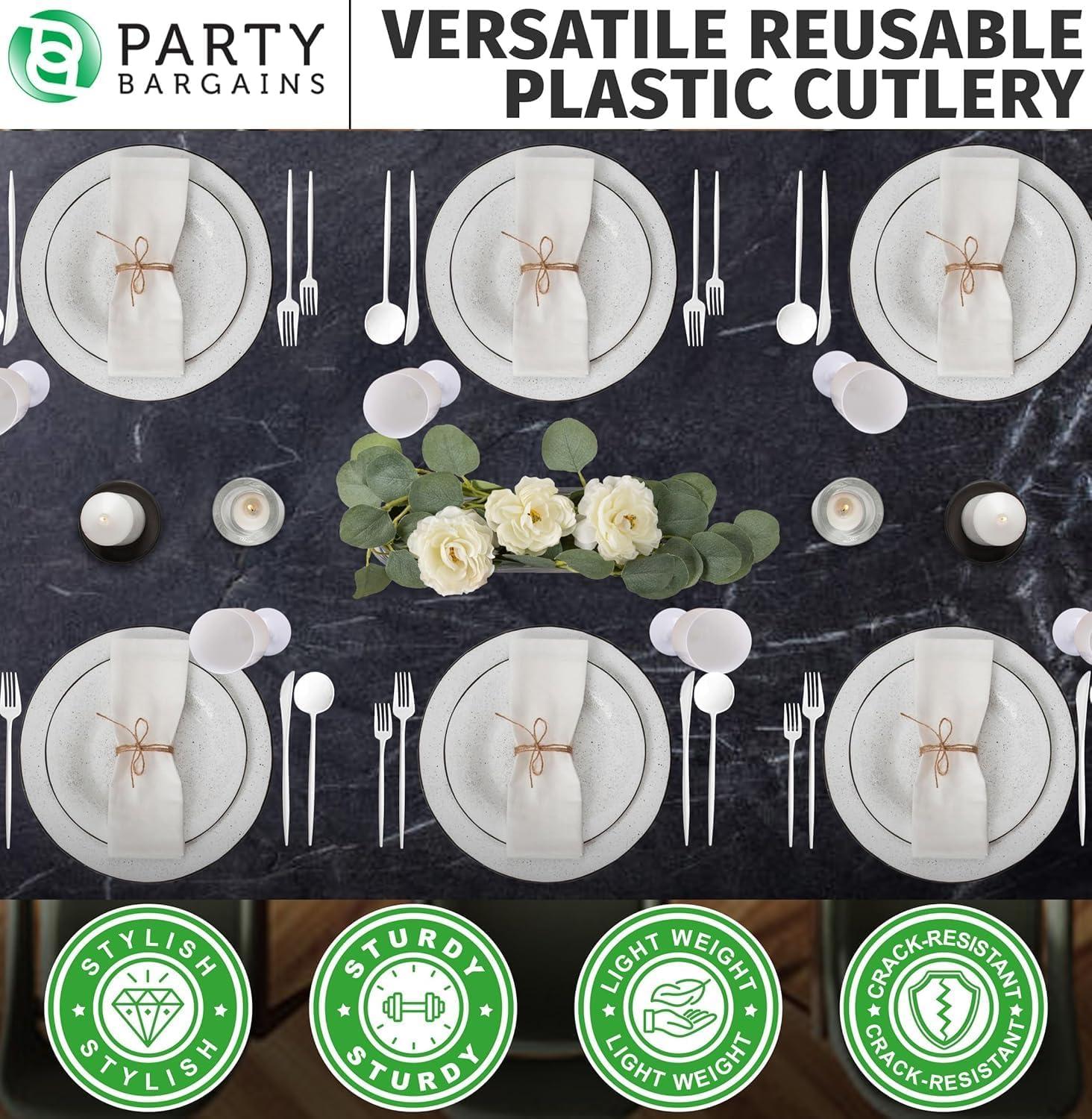 imagePARTY BARGAINS Plastic Cutlery Set 40 Pc Black Disposable HeavyDuty Flatware Includes 16 Forks 8 Knives amp 16 Spoons for Parties Weddings BBQs Events Elegant amp Durable Plastic UtensilsWhite