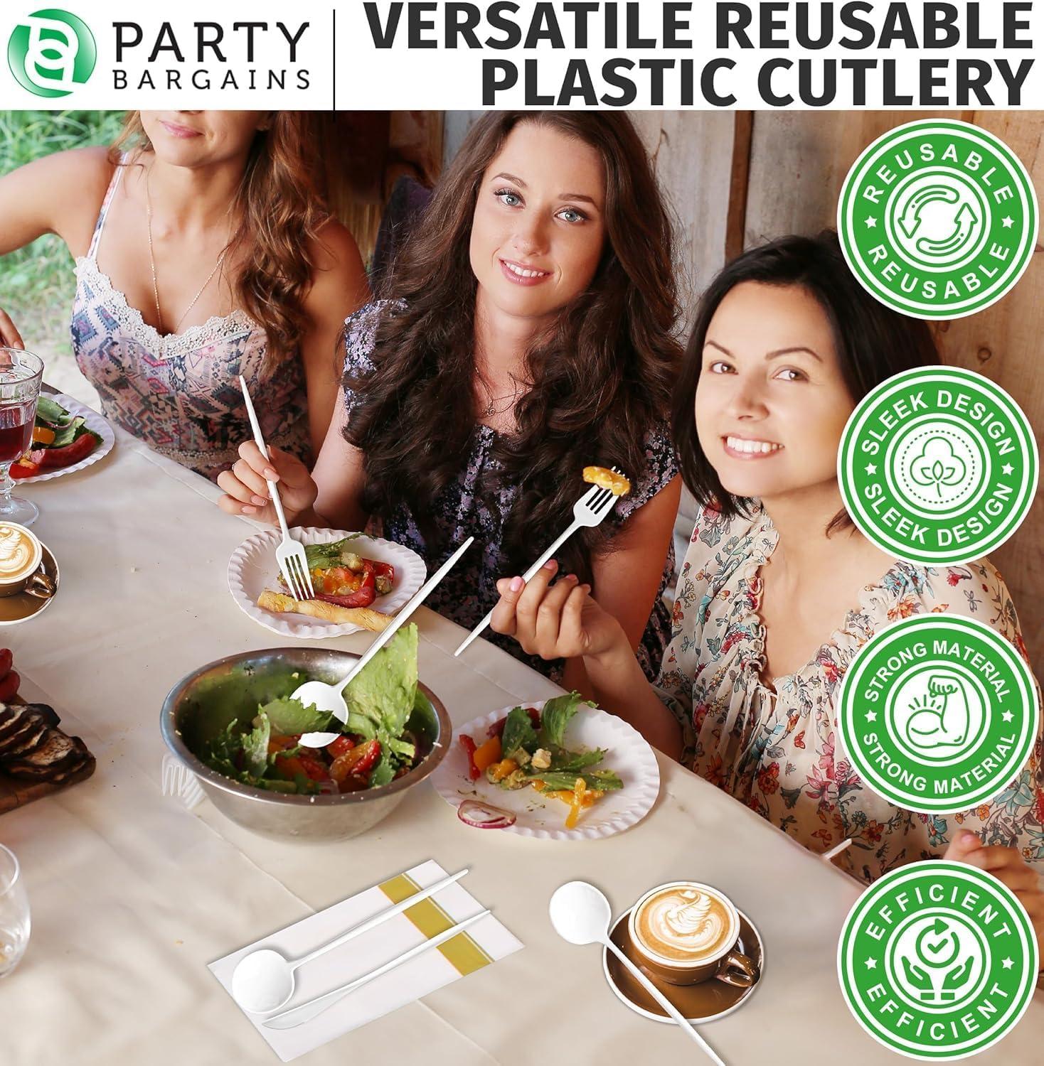 imagePARTY BARGAINS Plastic Cutlery Set 40 Pc Black Disposable HeavyDuty Flatware Includes 16 Forks 8 Knives amp 16 Spoons for Parties Weddings BBQs Events Elegant amp Durable Plastic UtensilsWhite