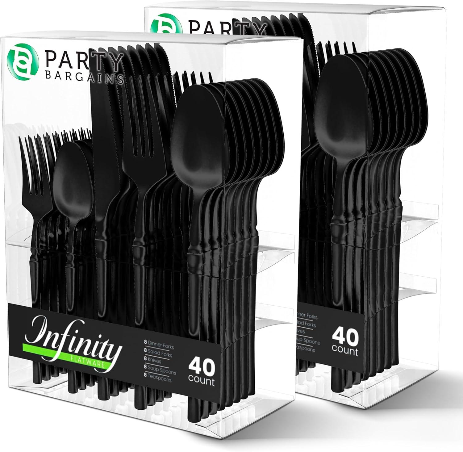 imageParty Bargains Disposable Plastic Silver Cutlery Set Infinity Modern Design Utensils 40 Pack 16 Forks 8 Knives 16 SpoonsBlack