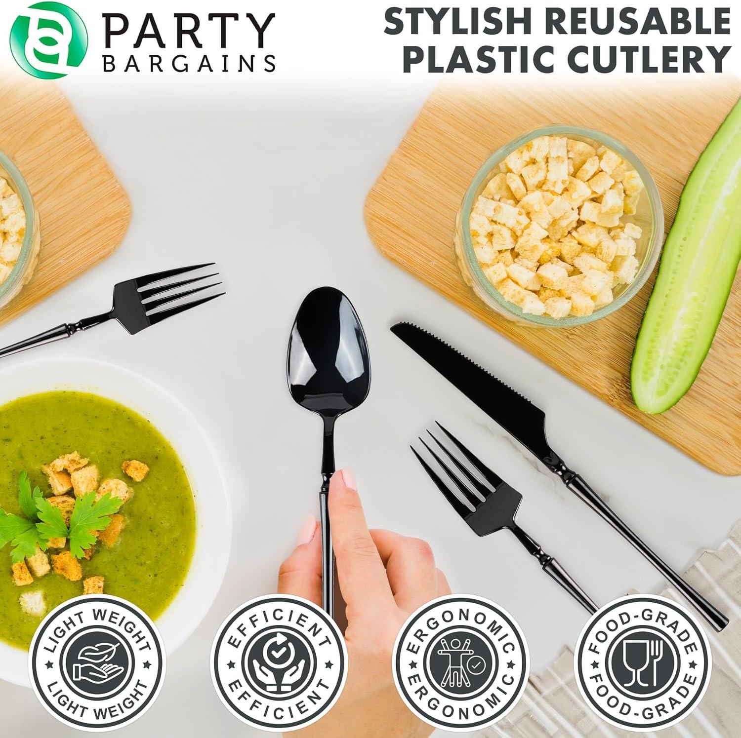 imageParty Bargains Disposable Plastic Silver Cutlery Set Infinity Modern Design Utensils 40 Pack 16 Forks 8 Knives 16 SpoonsBlack