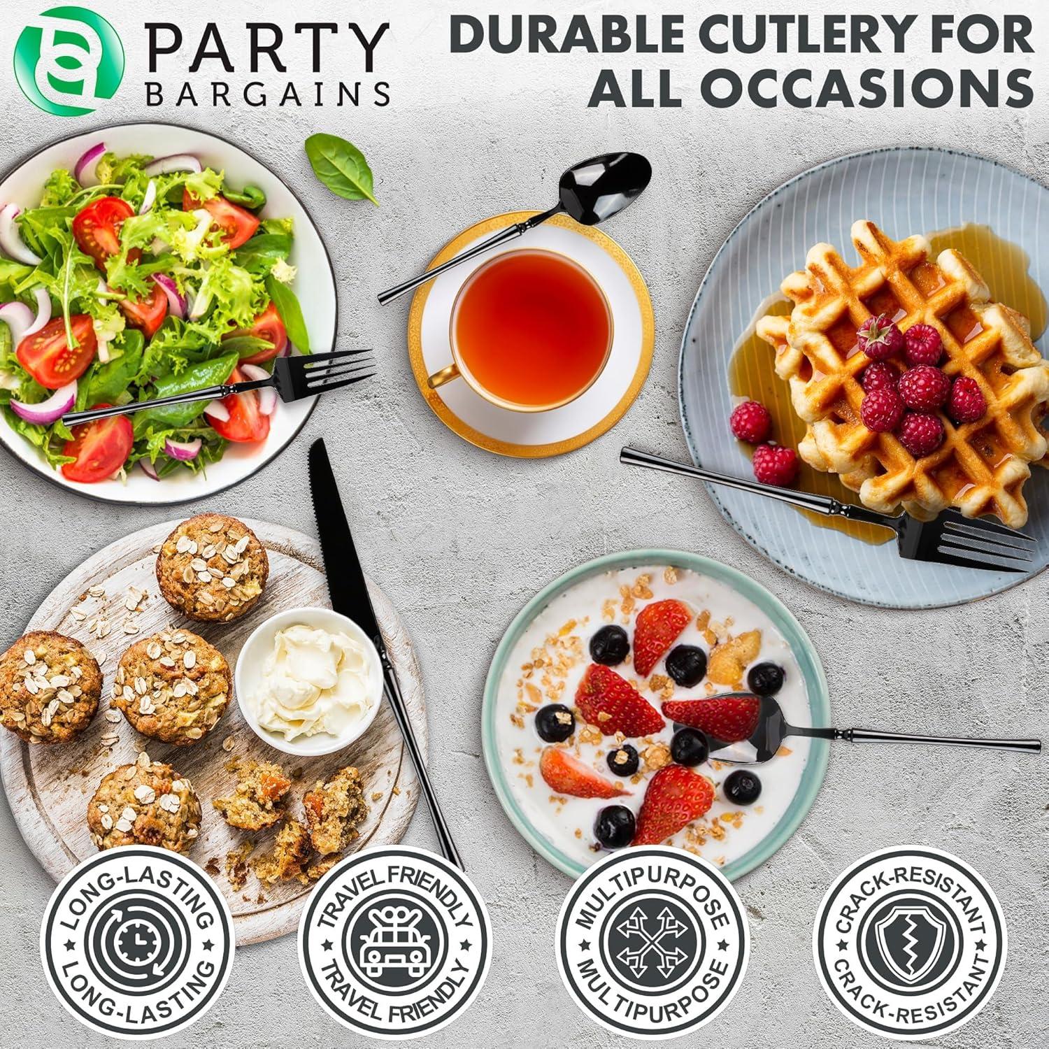 imageParty Bargains Disposable Plastic Silver Cutlery Set Infinity Modern Design Utensils 40 Pack 16 Forks 8 Knives 16 SpoonsBlack