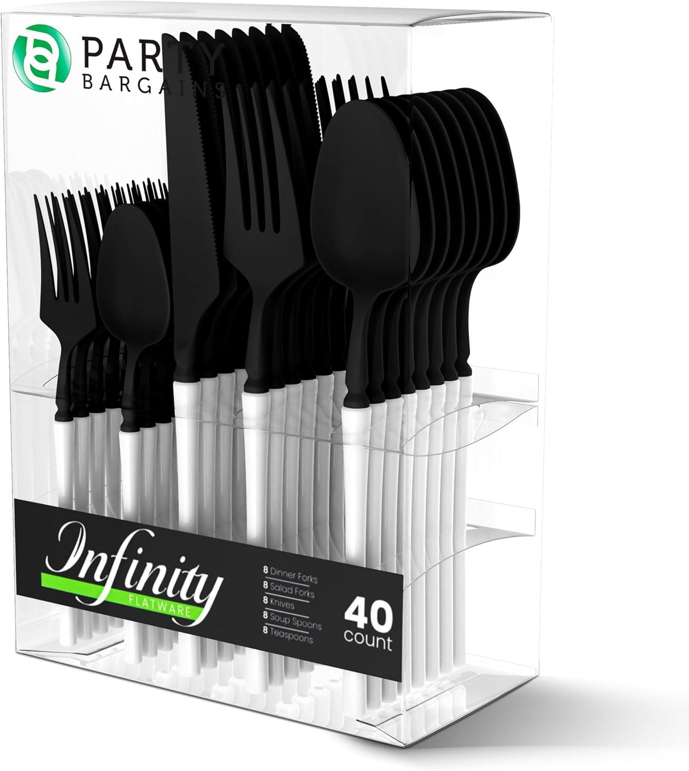 imageParty Bargains Disposable Plastic Silver Cutlery Set Infinity Modern Design Utensils 40 Pack 16 Forks 8 Knives 16 SpoonsBlackWhite