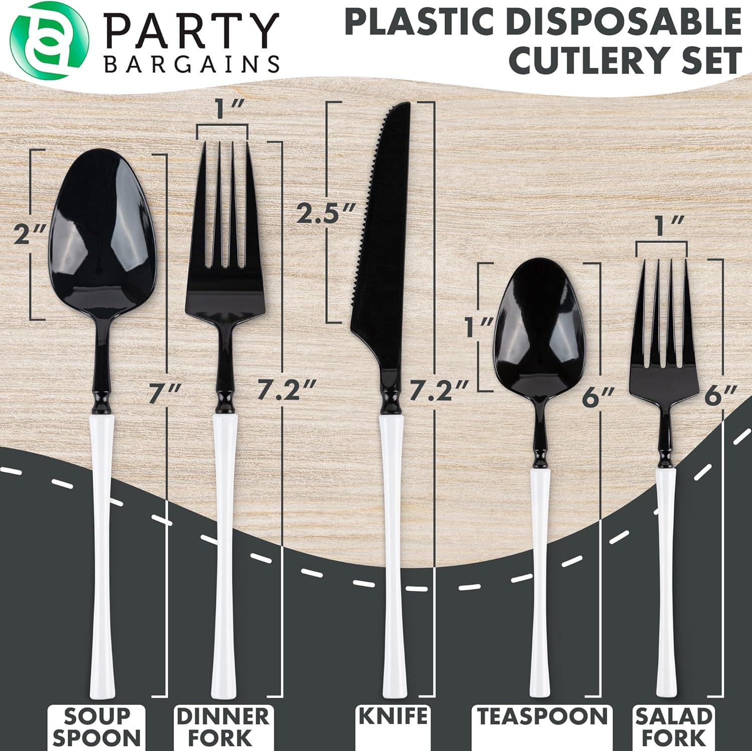 imageParty Bargains Disposable Plastic Silver Cutlery Set Infinity Modern Design Utensils 40 Pack 16 Forks 8 Knives 16 SpoonsBlackWhite