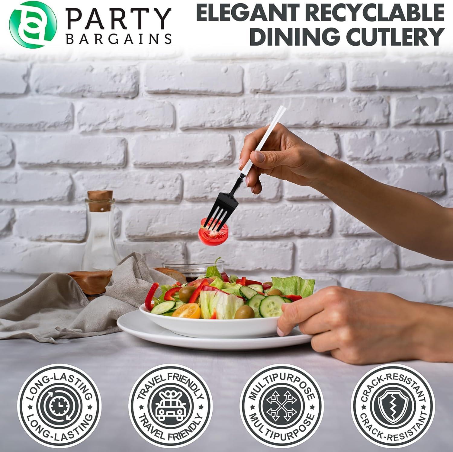 imageParty Bargains Disposable Plastic Silver Cutlery Set Infinity Modern Design Utensils 40 Pack 16 Forks 8 Knives 16 SpoonsBlackWhite