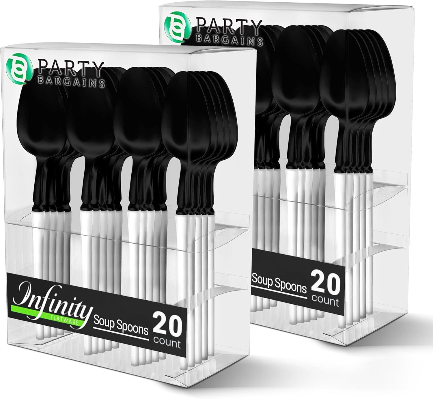 imageParty Bargains Disposable Plastic Silver Cutlery Set Infinity Modern Design Utensils 40 Pack 16 Forks 8 Knives 16 SpoonsBlackWhite