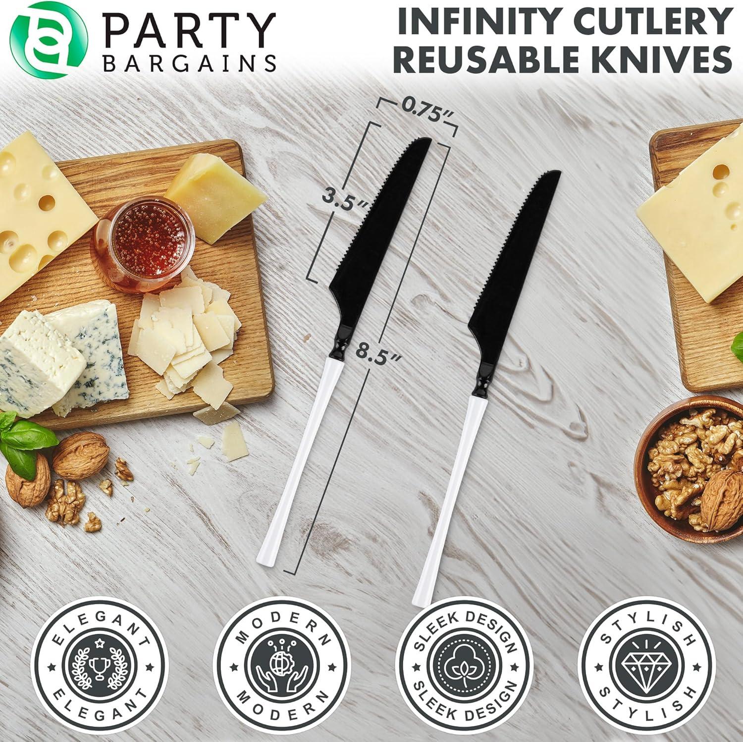 imageParty Bargains Disposable Plastic Silver Cutlery Set Infinity Modern Design Utensils 40 Pack 16 Forks 8 Knives 16 SpoonsBlackWhite