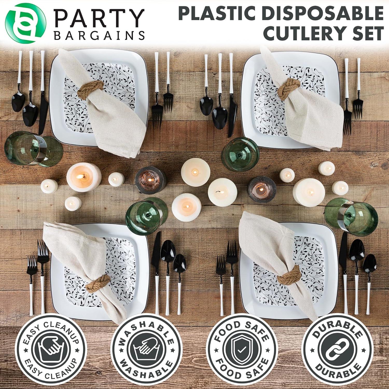 imageParty Bargains Disposable Plastic Silver Cutlery Set Infinity Modern Design Utensils 40 Pack 16 Forks 8 Knives 16 SpoonsBlackWhite