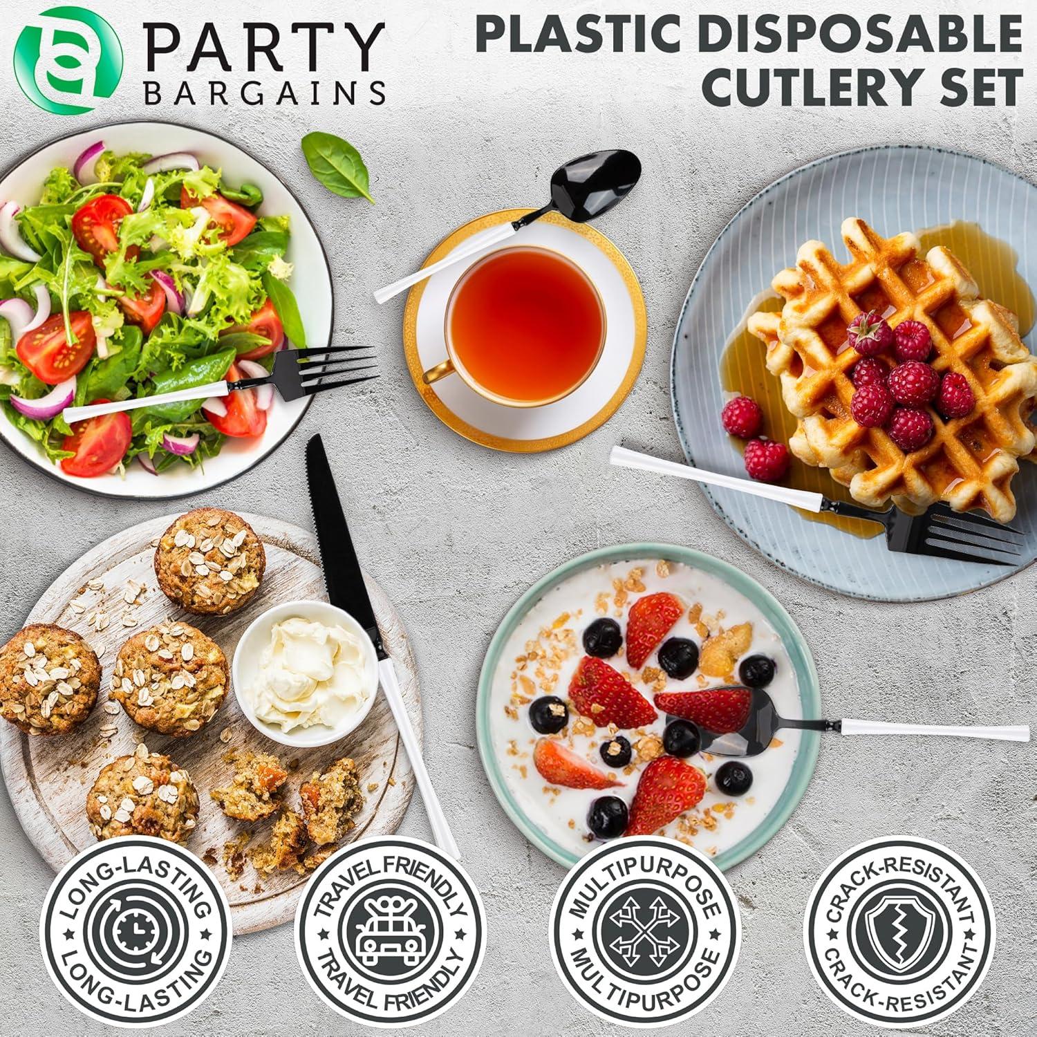imageParty Bargains Disposable Plastic Silver Cutlery Set Infinity Modern Design Utensils 40 Pack 16 Forks 8 Knives 16 SpoonsBlackWhite