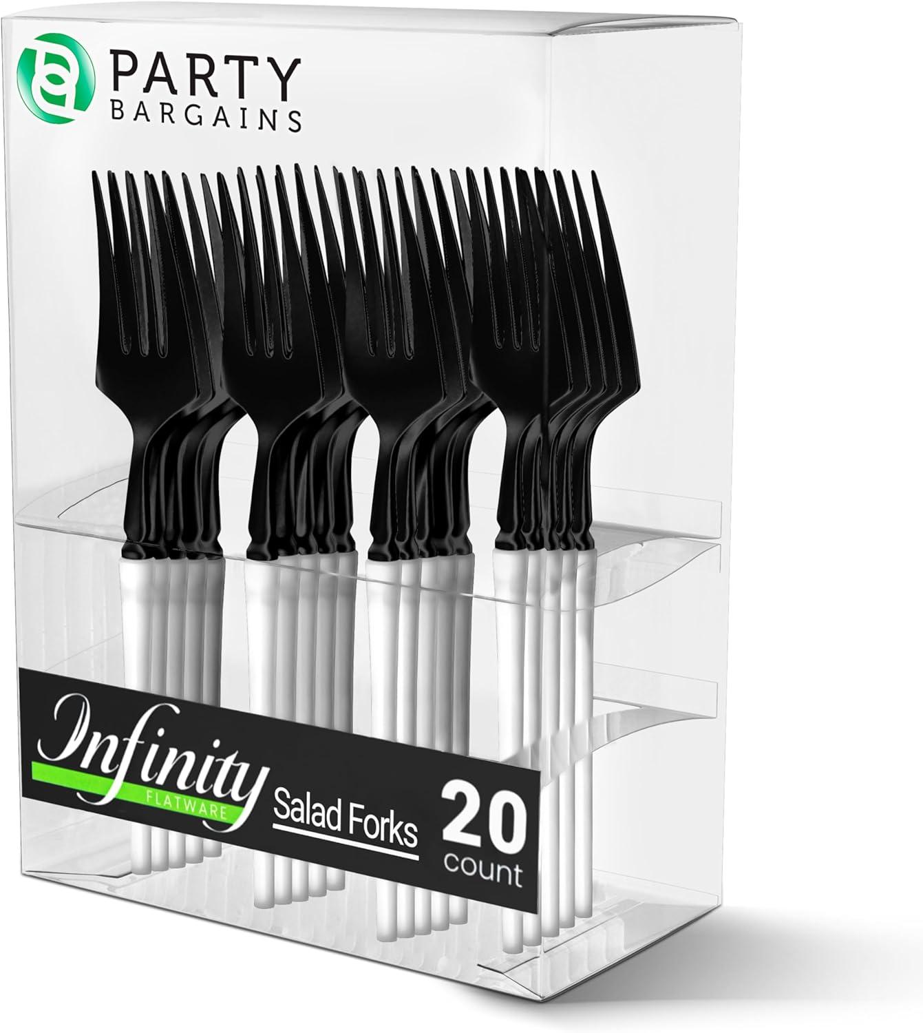 imageParty Bargains Disposable Plastic Silver Cutlery Set Infinity Modern Design Utensils 40 Pack 16 Forks 8 Knives 16 SpoonsBlackWhite