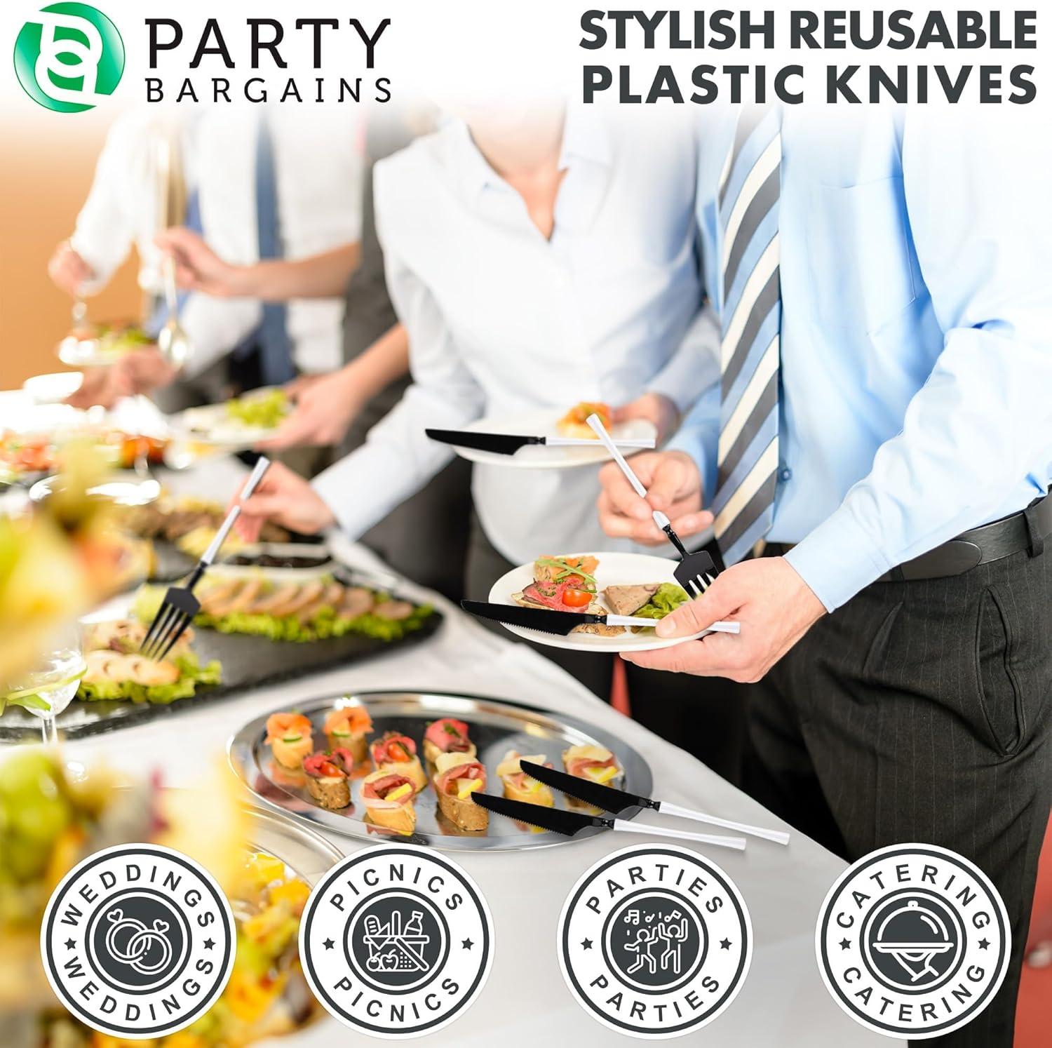 imageParty Bargains Disposable Plastic Silver Cutlery Set Infinity Modern Design Utensils 40 Pack 16 Forks 8 Knives 16 SpoonsBlackWhite