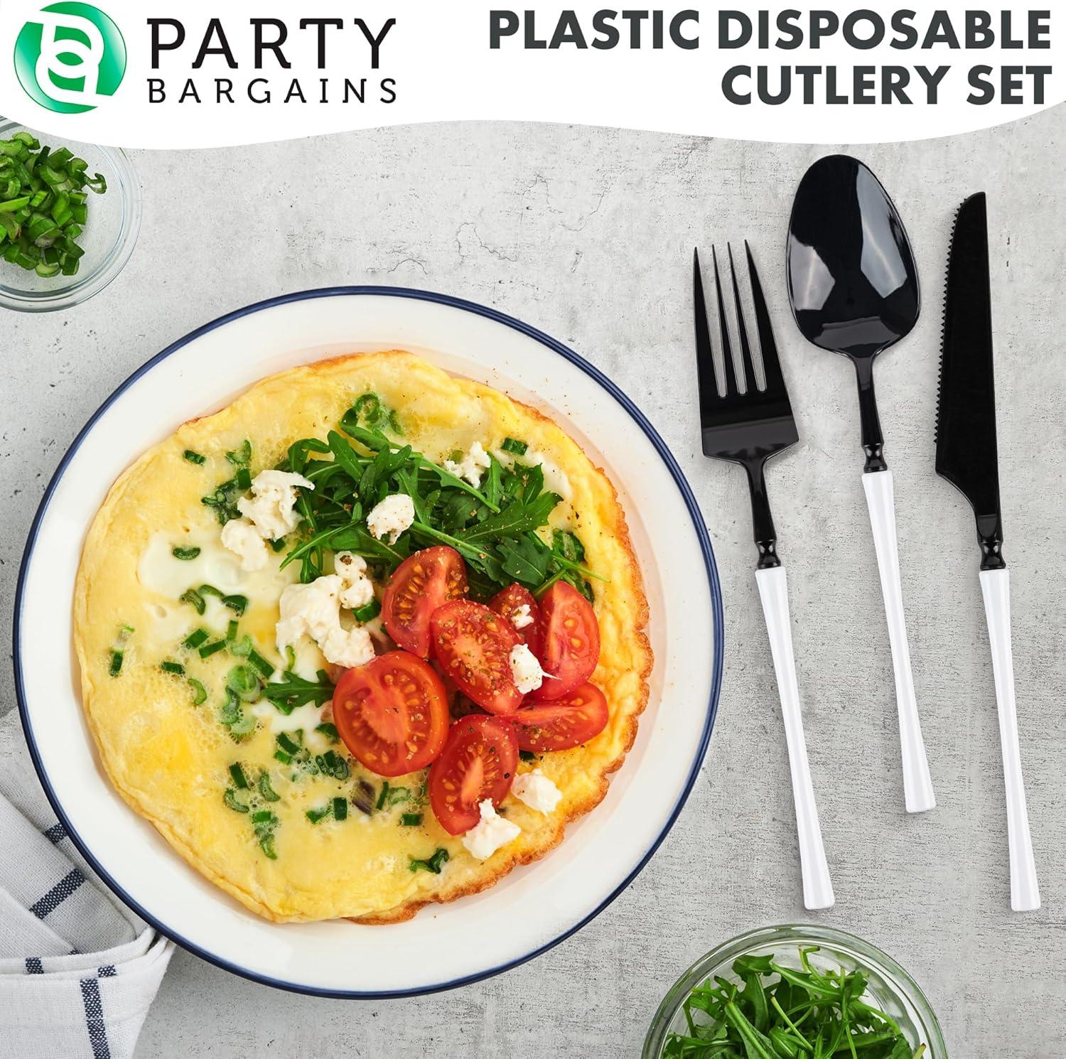 imageParty Bargains Disposable Plastic Silver Cutlery Set Infinity Modern Design Utensils 40 Pack 16 Forks 8 Knives 16 SpoonsBlackWhite