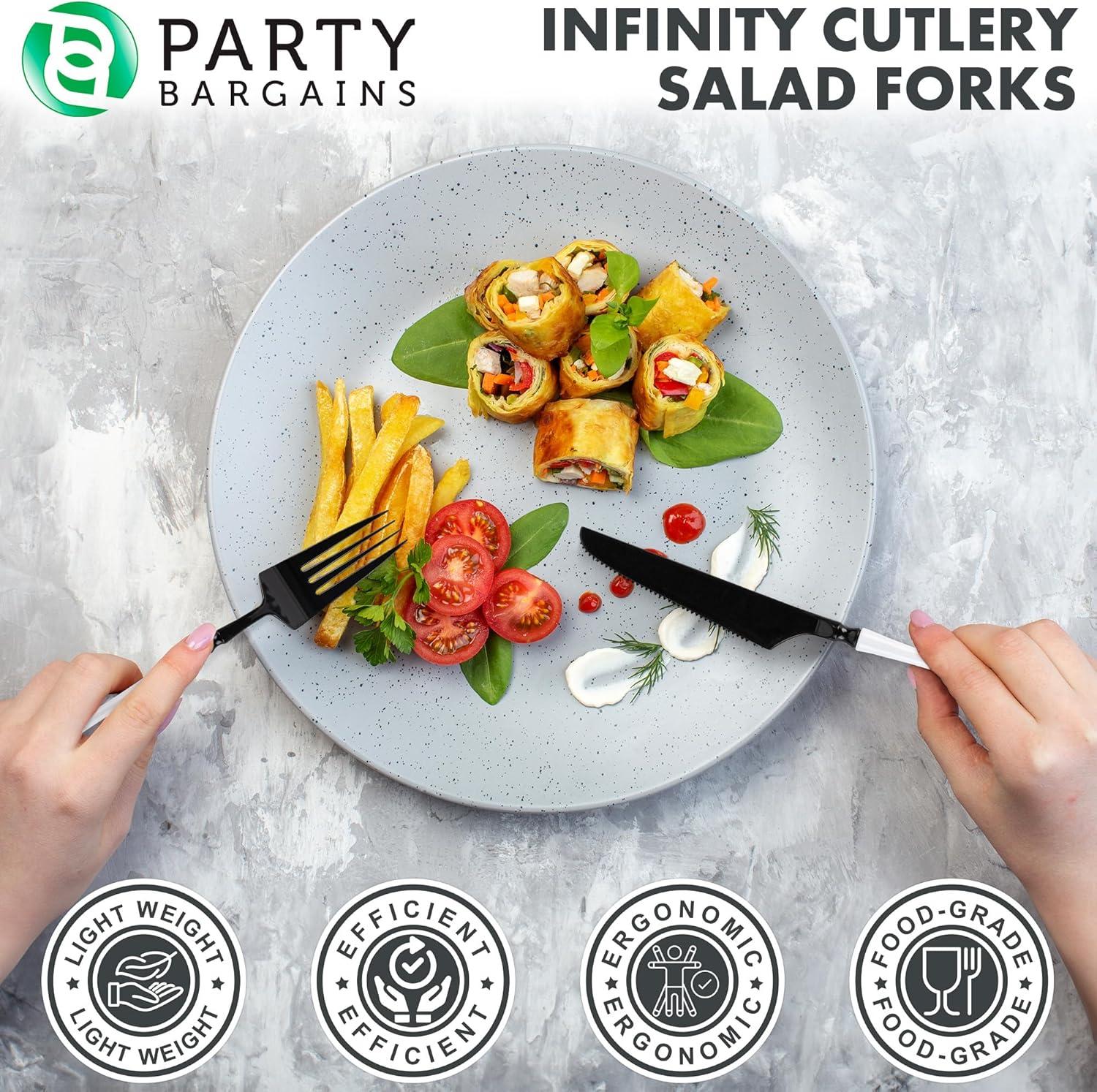 imageParty Bargains Disposable Plastic Silver Cutlery Set Infinity Modern Design Utensils 40 Pack 16 Forks 8 Knives 16 SpoonsBlackWhite
