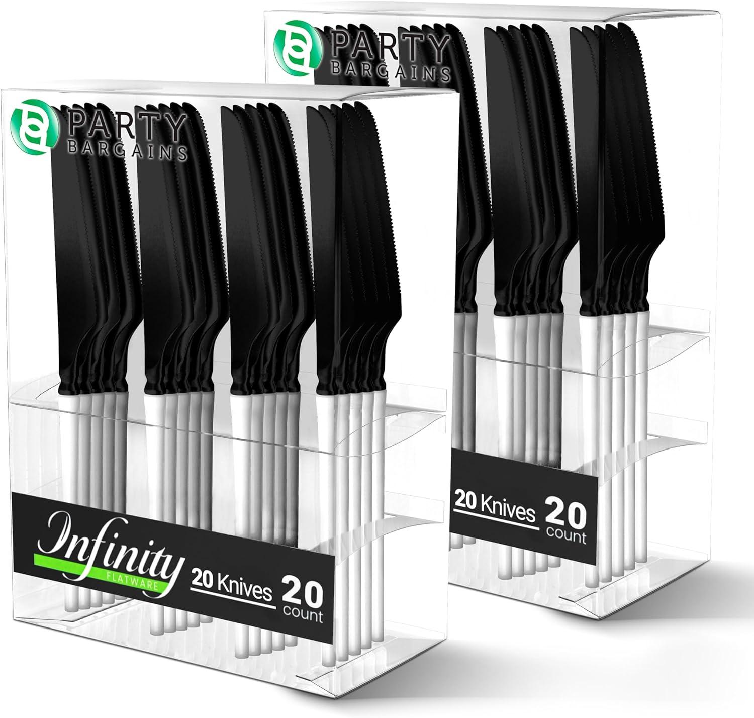 imageParty Bargains Disposable Plastic Silver Cutlery Set Infinity Modern Design Utensils 40 Pack 16 Forks 8 Knives 16 SpoonsBlackWhite