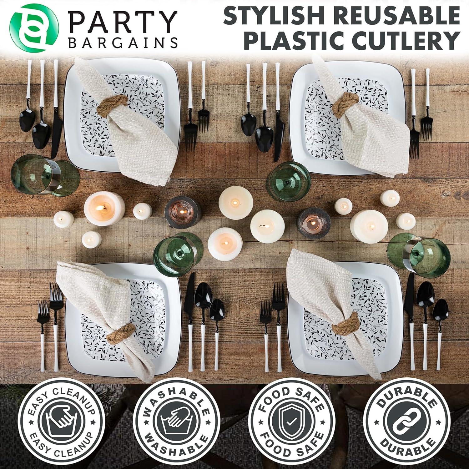 imageParty Bargains Disposable Plastic Silver Cutlery Set Infinity Modern Design Utensils 40 Pack 16 Forks 8 Knives 16 SpoonsBlackWhite