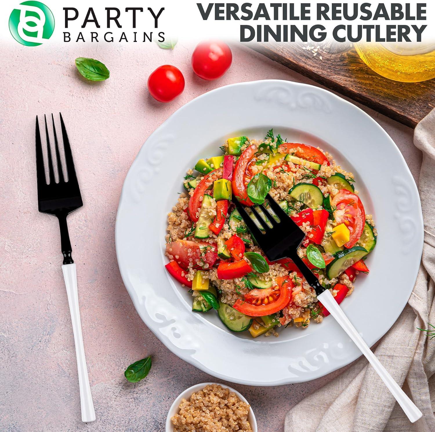 imageParty Bargains Disposable Plastic Silver Cutlery Set Infinity Modern Design Utensils 40 Pack 16 Forks 8 Knives 16 SpoonsBlackWhite