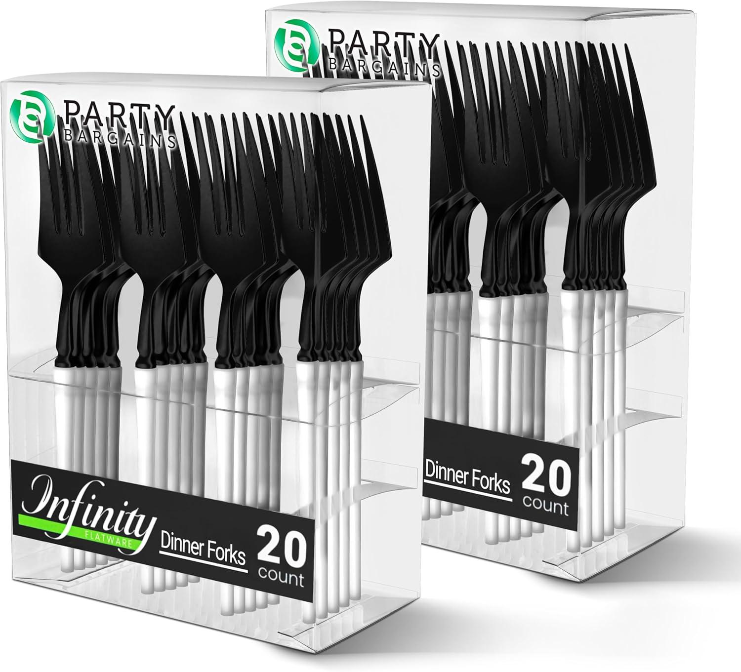 imageParty Bargains Disposable Plastic Silver Cutlery Set Infinity Modern Design Utensils 40 Pack 16 Forks 8 Knives 16 SpoonsBlackWhite