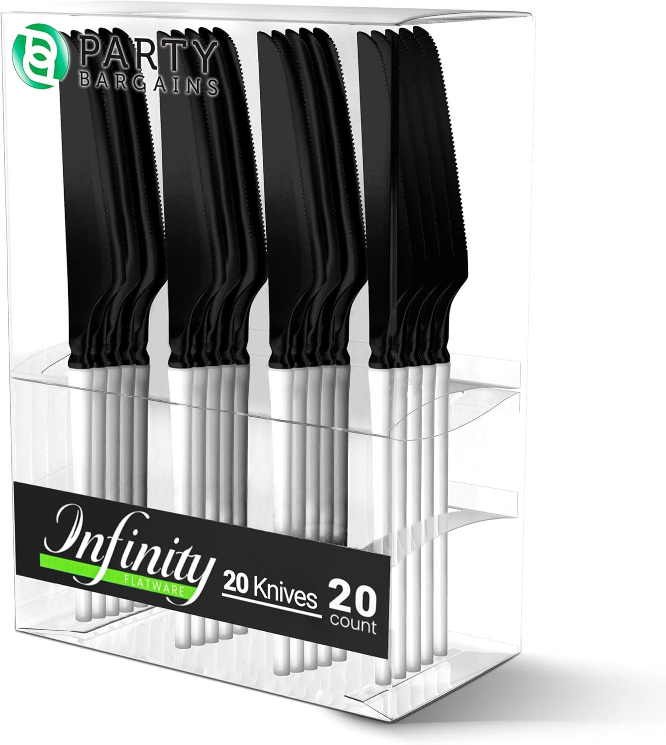imageParty Bargains Disposable Plastic Silver Cutlery Set Infinity Modern Design Utensils 40 Pack 16 Forks 8 Knives 16 SpoonsBlackWhite
