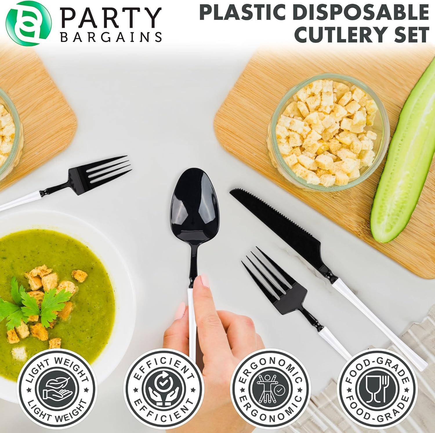 imageParty Bargains Disposable Plastic Silver Cutlery Set Infinity Modern Design Utensils 40 Pack 16 Forks 8 Knives 16 SpoonsBlackWhite