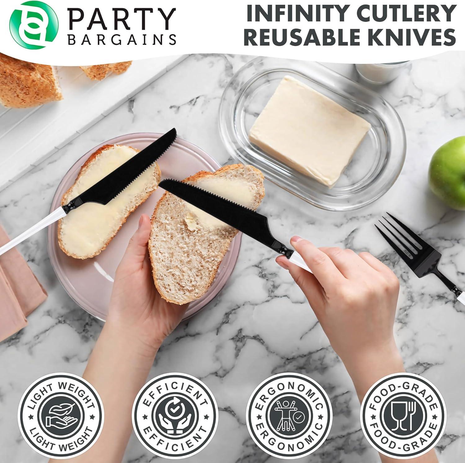 imageParty Bargains Disposable Plastic Silver Cutlery Set Infinity Modern Design Utensils 40 Pack 16 Forks 8 Knives 16 SpoonsBlackWhite
