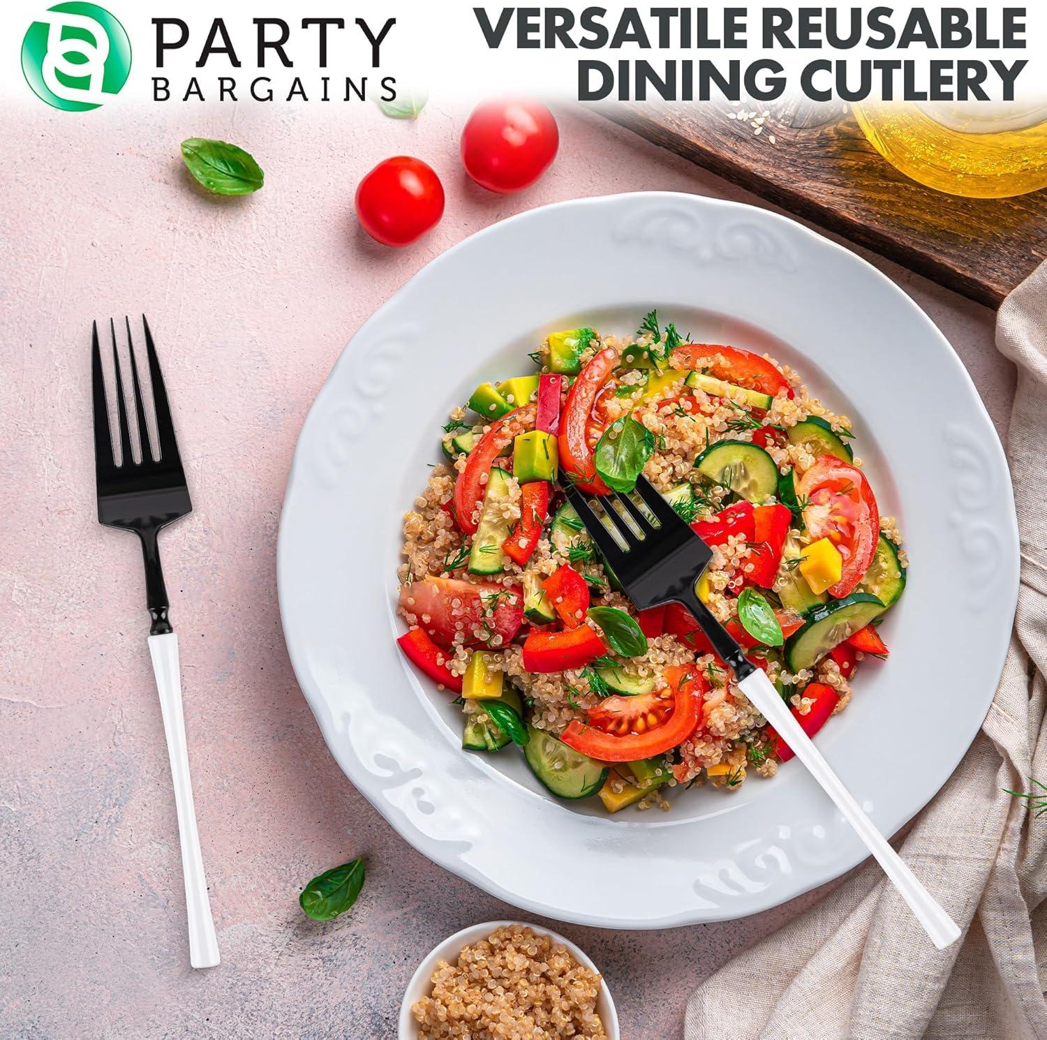 imageParty Bargains Disposable Plastic Silver Cutlery Set Infinity Modern Design Utensils 40 Pack 16 Forks 8 Knives 16 SpoonsBlackWhite